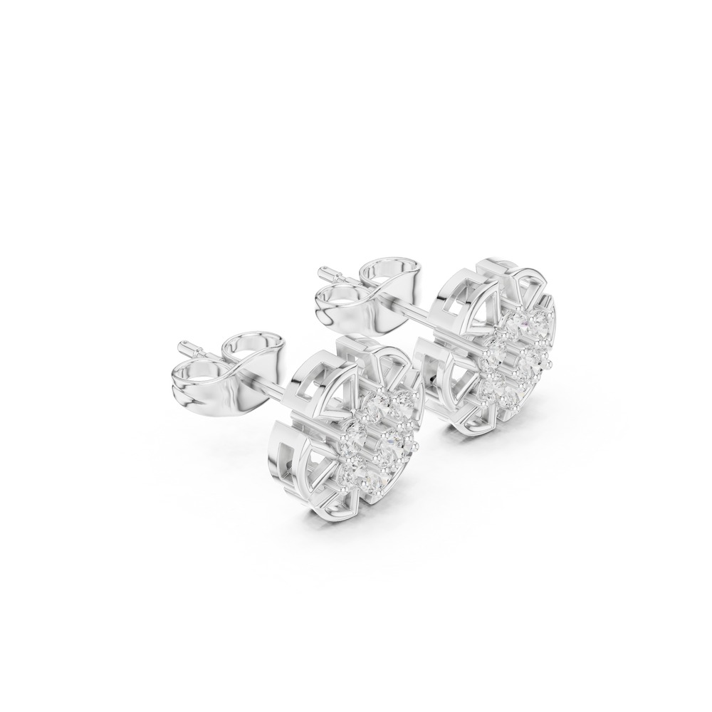 Round brilliant cluster centre with an open geometric mandala cross frame stud earring