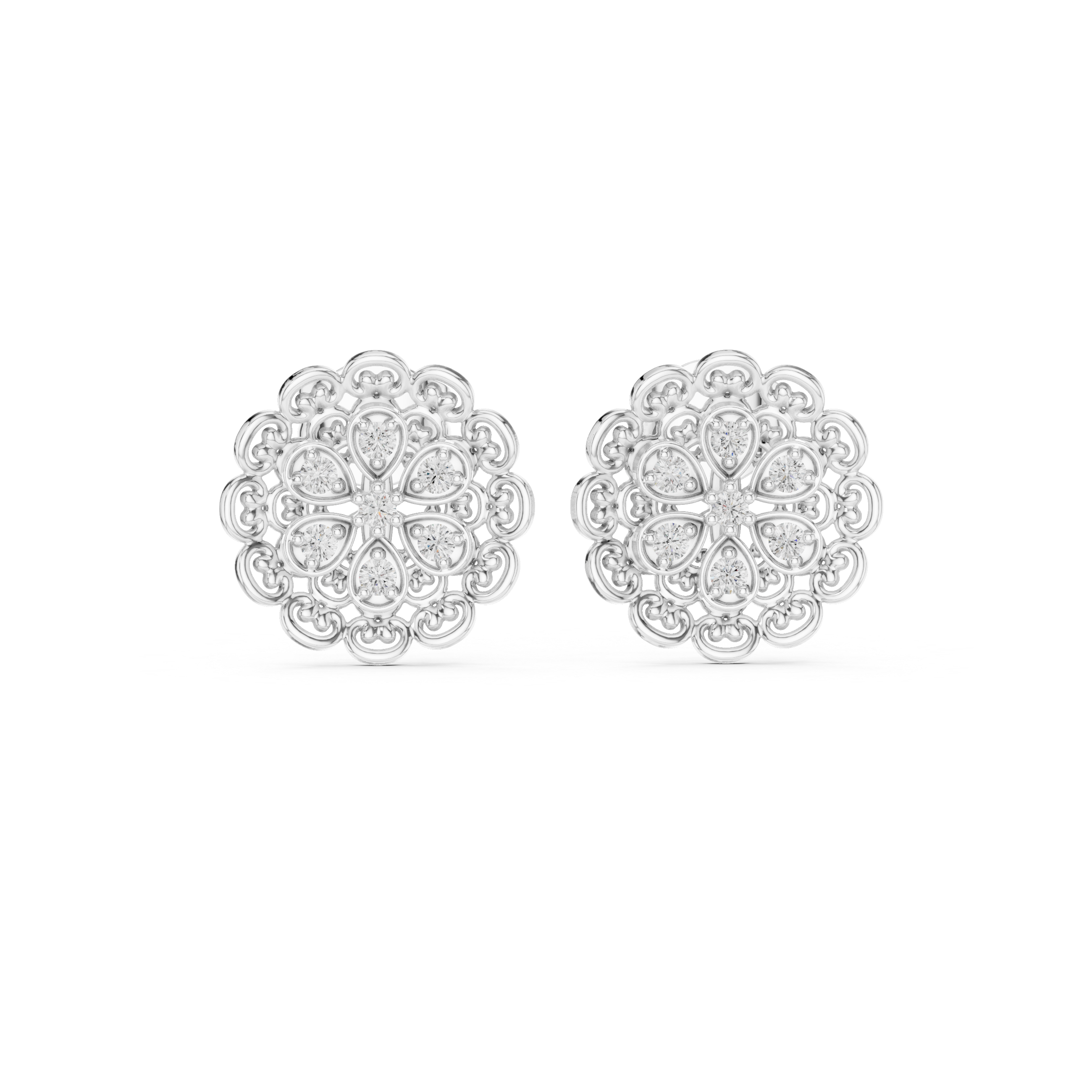 Mandala filigree stud earrings with intricate scroll frame and round stone cluster centre
