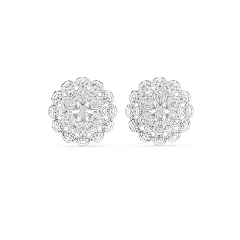 Mandala filigree stud earrings with intricate scroll frame and round stone cluster centre