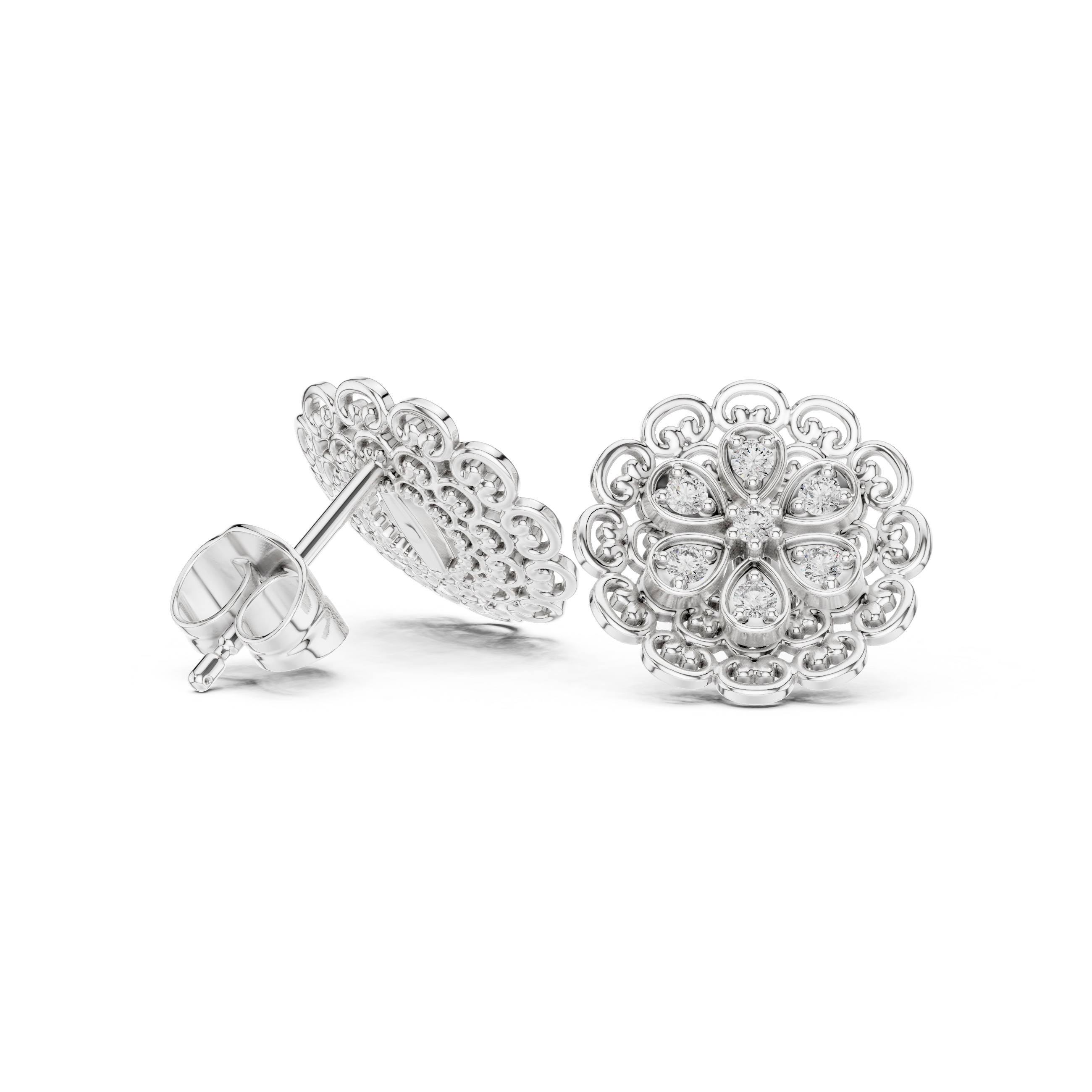 Mandala filigree stud earrings with intricate scroll frame and round stone cluster centre