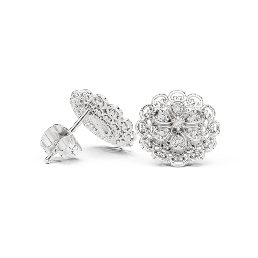 Mandala filigree stud earrings with intricate scroll frame and round stone cluster centre
