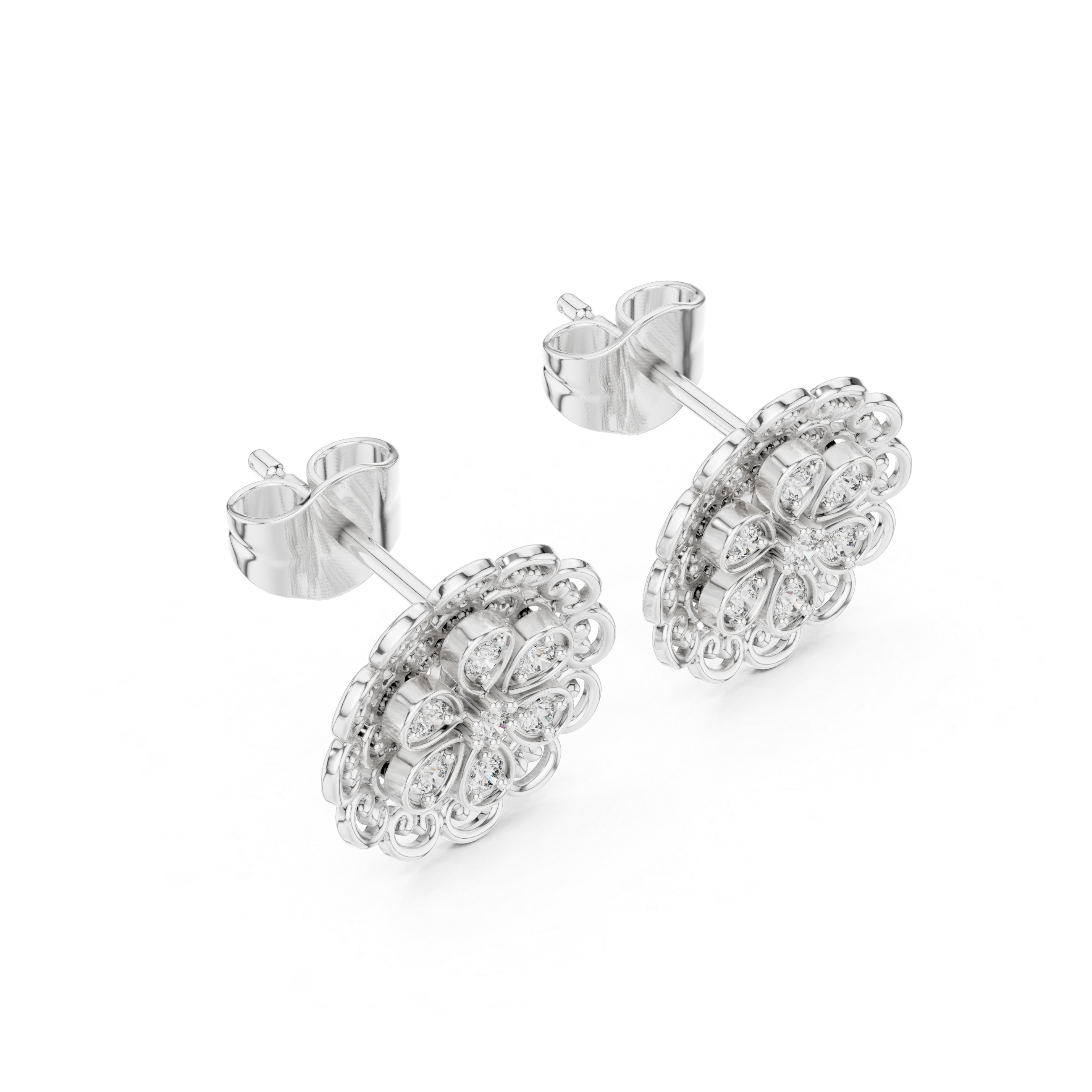 Mandala filigree stud earrings with intricate scroll frame and round stone cluster centre