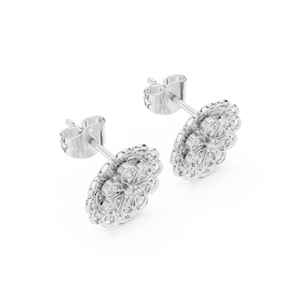 Mandala filigree stud earrings with intricate scroll frame and round stone cluster centre