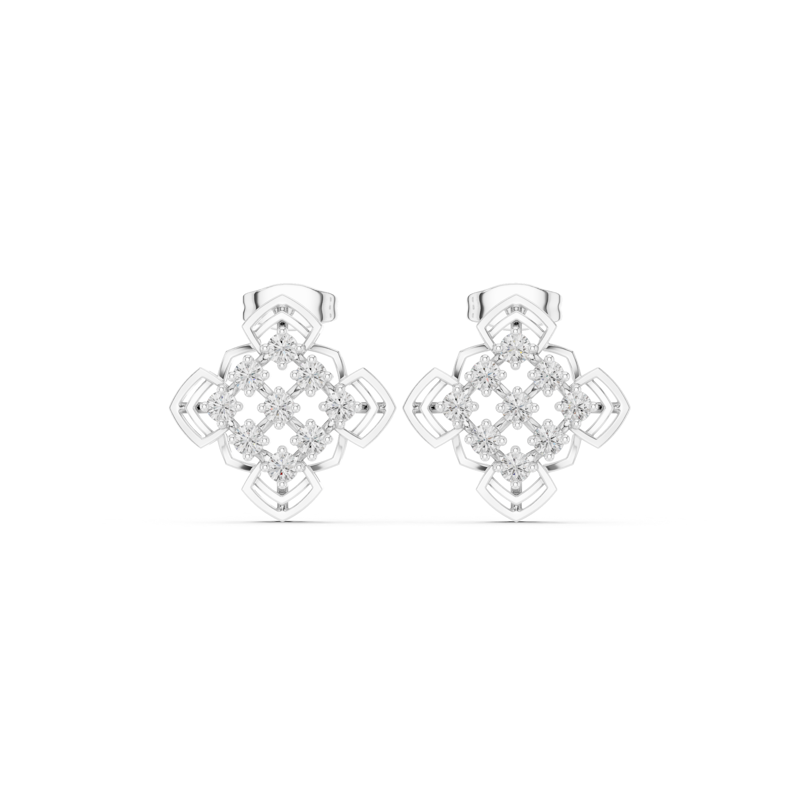 Mandala geometric cluster stud earrings with open diamond shaped frame and round stone cluster in a symmetrical mandala pattern