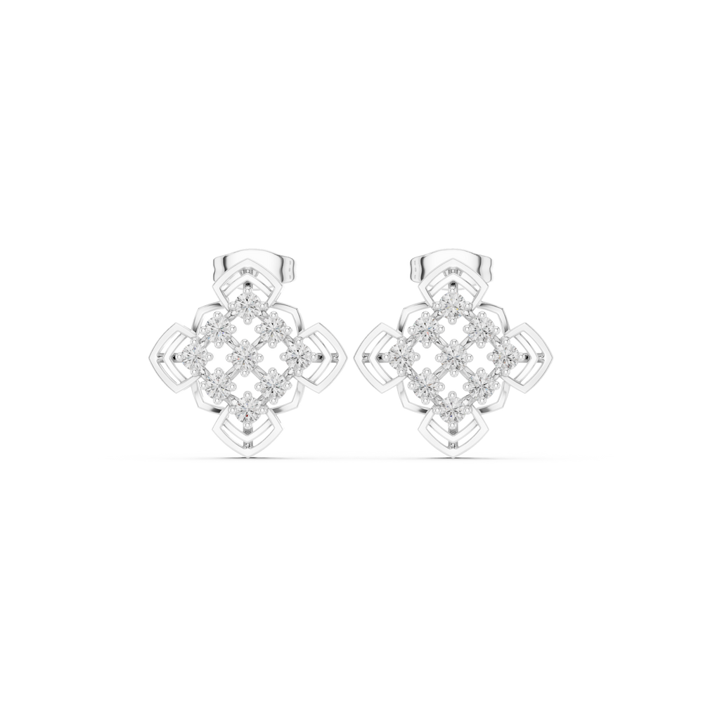 Mandala geometric cluster stud earrings with open diamond shaped frame and round stone cluster in a symmetrical mandala pattern