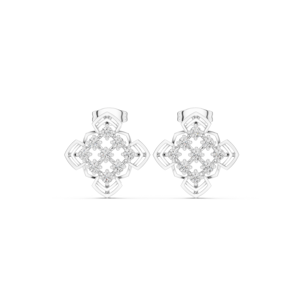 Mandala geometric cluster stud earrings with open diamond shaped frame and round stone cluster in a symmetrical mandala pattern
