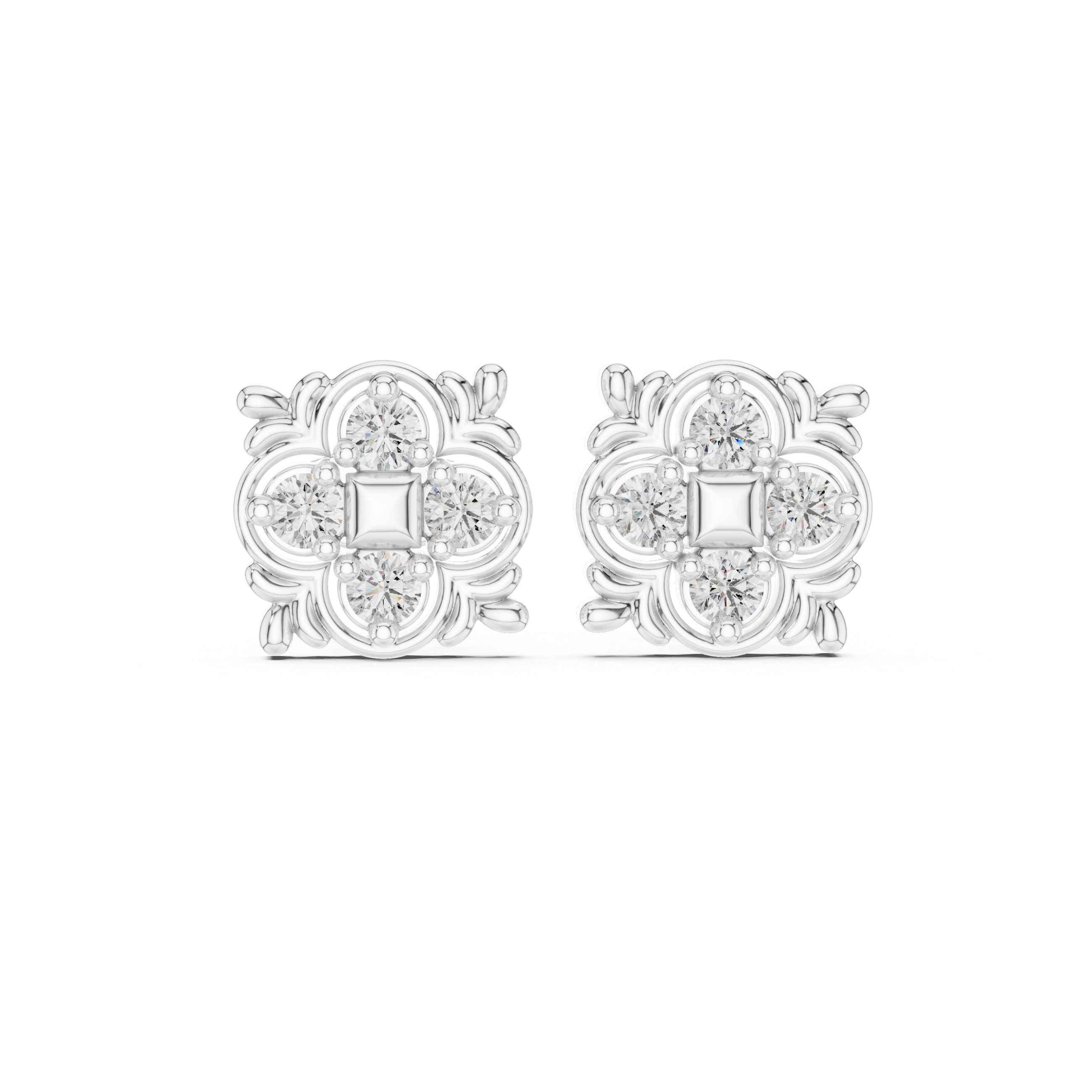 Mandala square floral cluster stud earrings with princess cut centre and round stones
