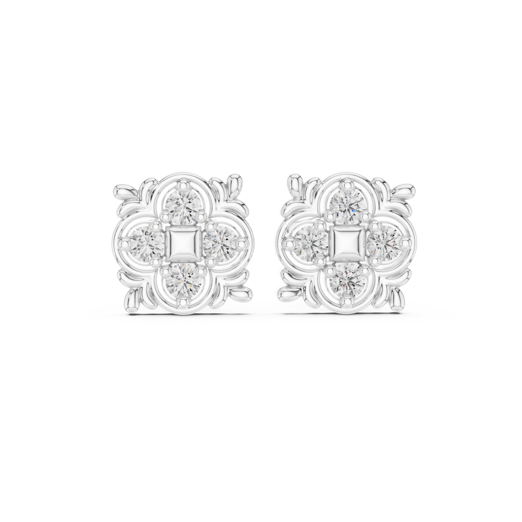 Mandala square floral cluster stud earrings with princess cut centre and round stones