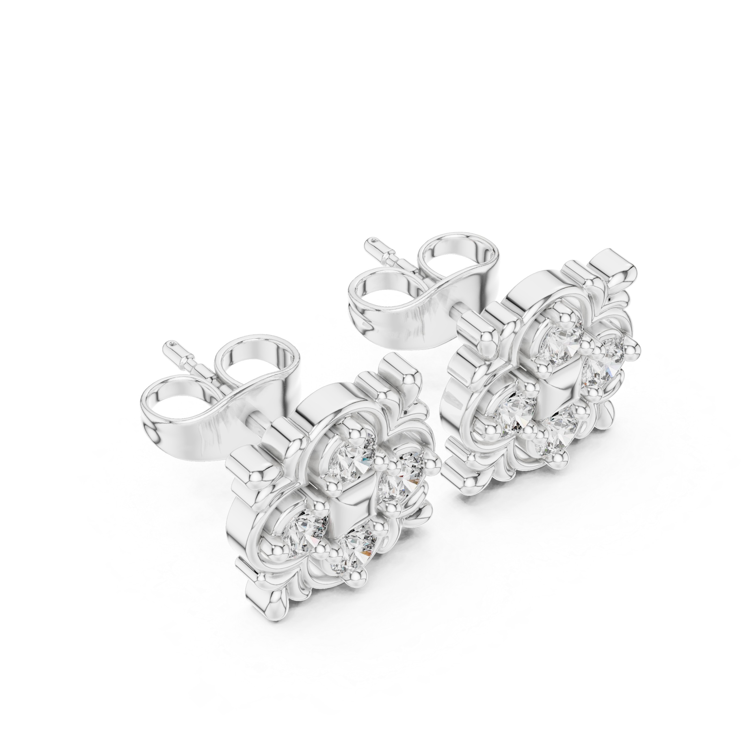Mandala square floral cluster stud earrings with princess cut centre and round stones