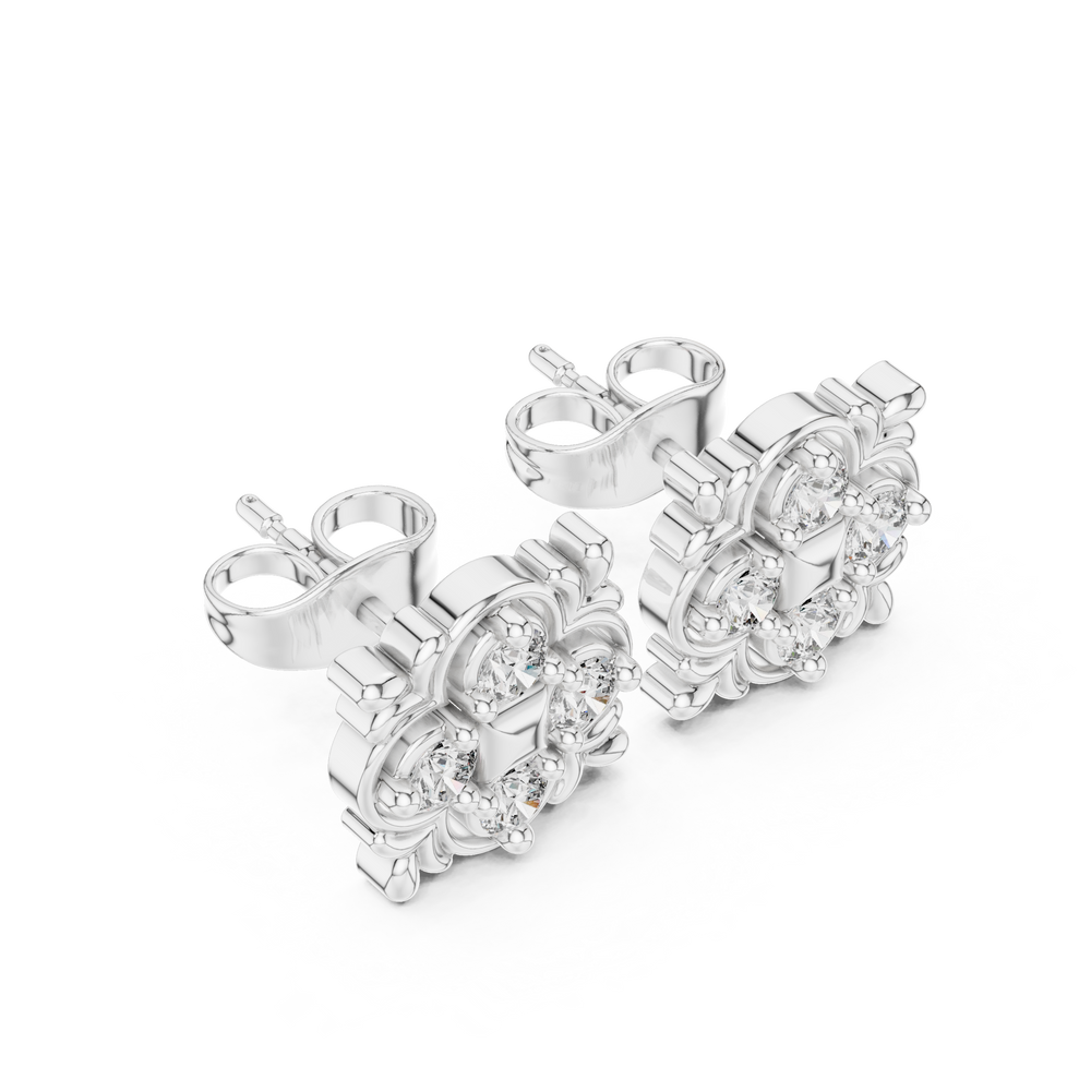 Mandala square floral cluster stud earrings with princess cut centre and round stones