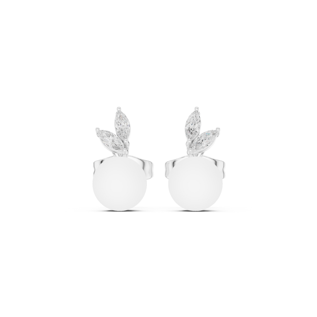 Marquise diamond and pearl drop stud earrings with push back setting
