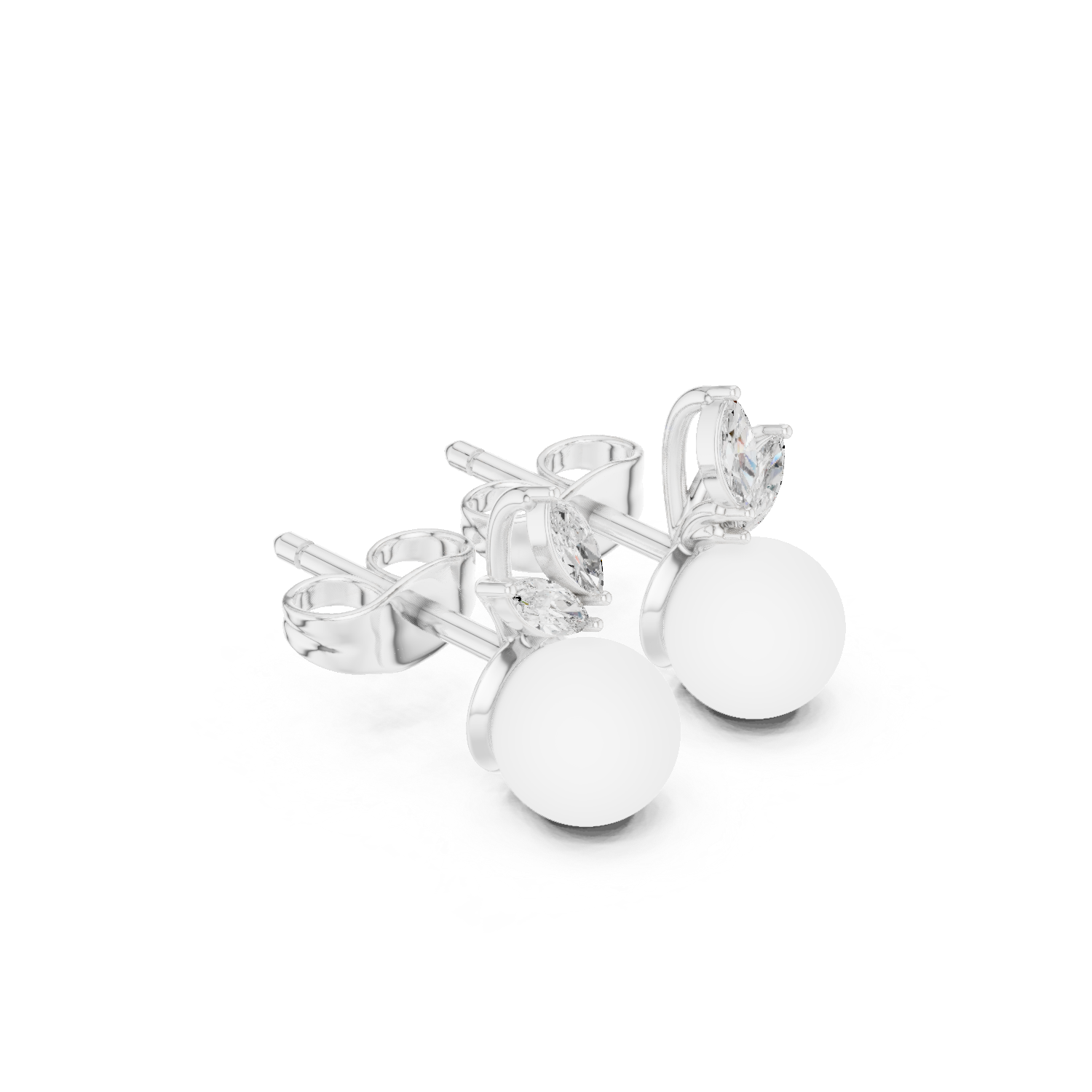 Marquise diamond and pearl drop stud earrings with push back setting