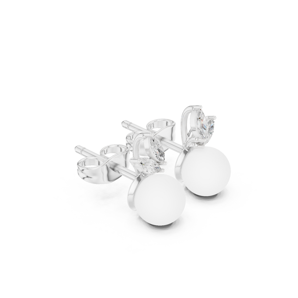 Marquise diamond and pearl drop stud earrings with push back setting