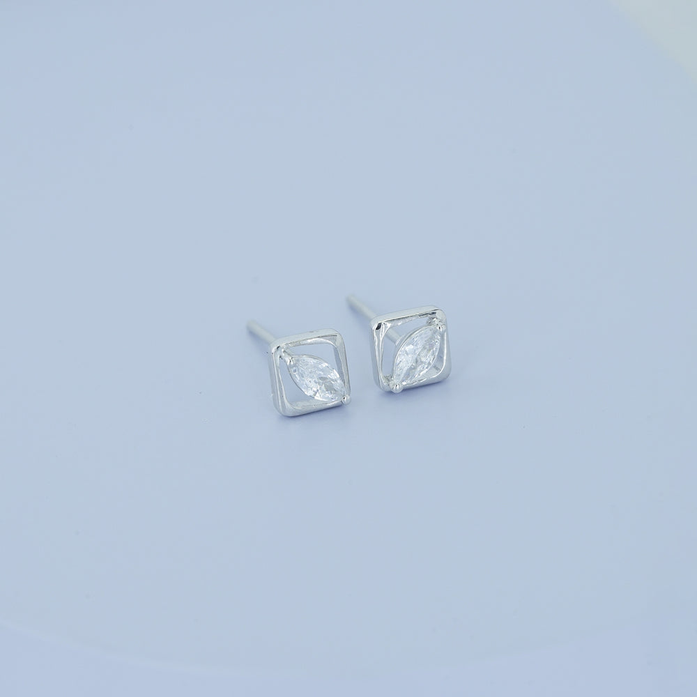 Marquise stud earrings with tilted square open frame border