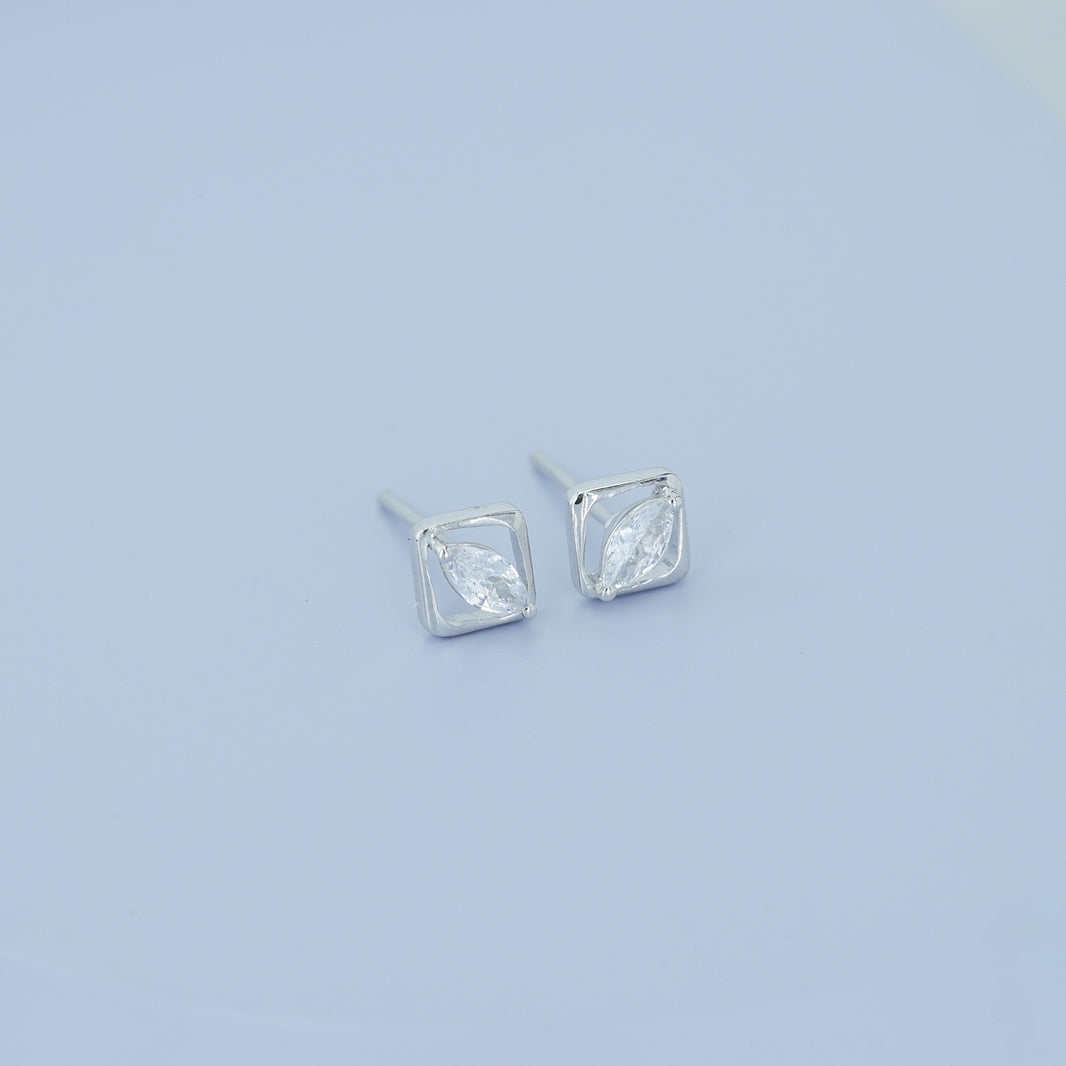 Marquise stud earrings with tilted square open frame border