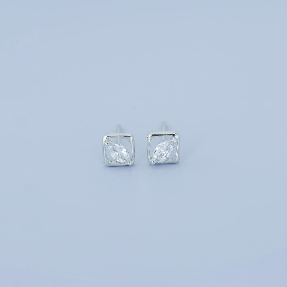 Marquise stud earrings with tilted square open frame border