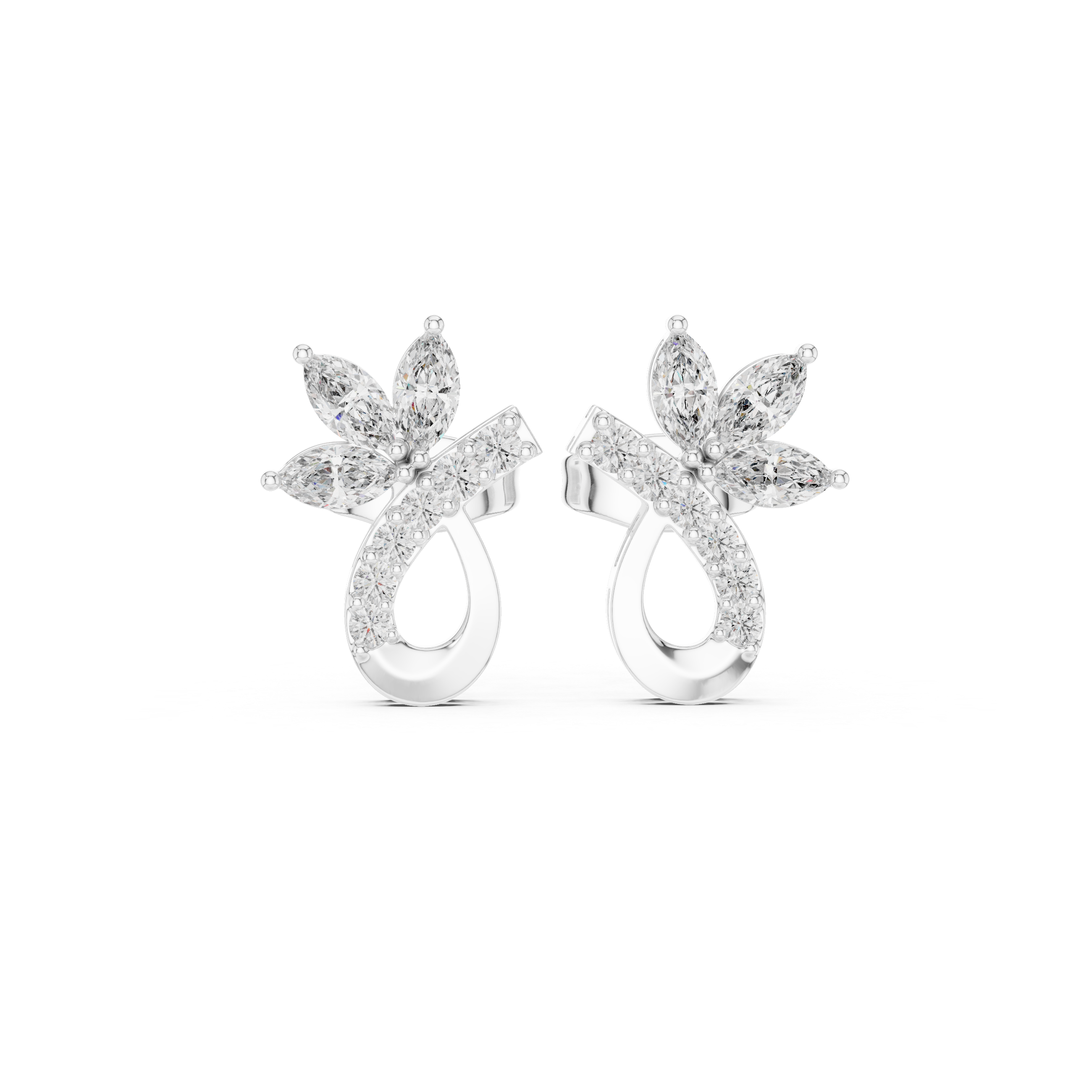 Marquise floral curl drop earrings with marquise and pear stone flower top and open pave teardrop curl drop