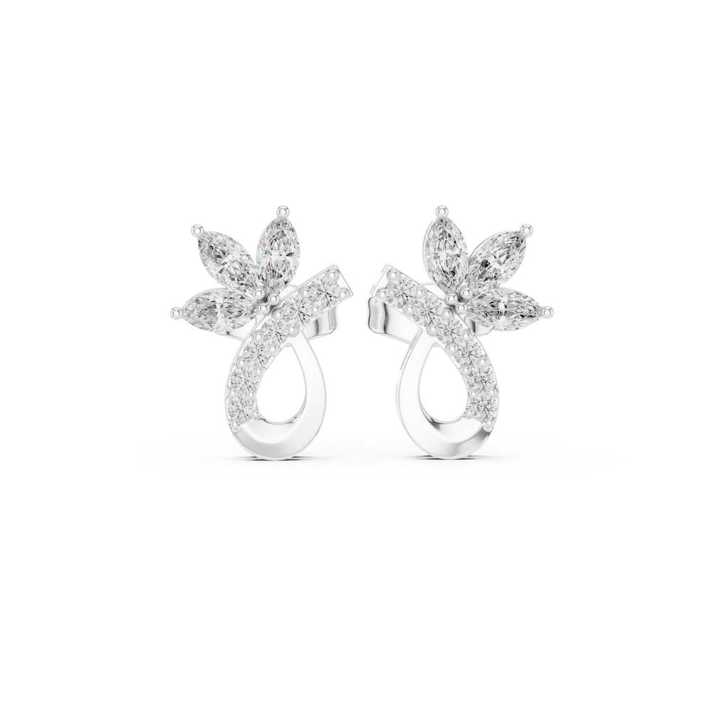Marquise floral curl drop earrings with marquise and pear stone flower top and open pave teardrop curl drop