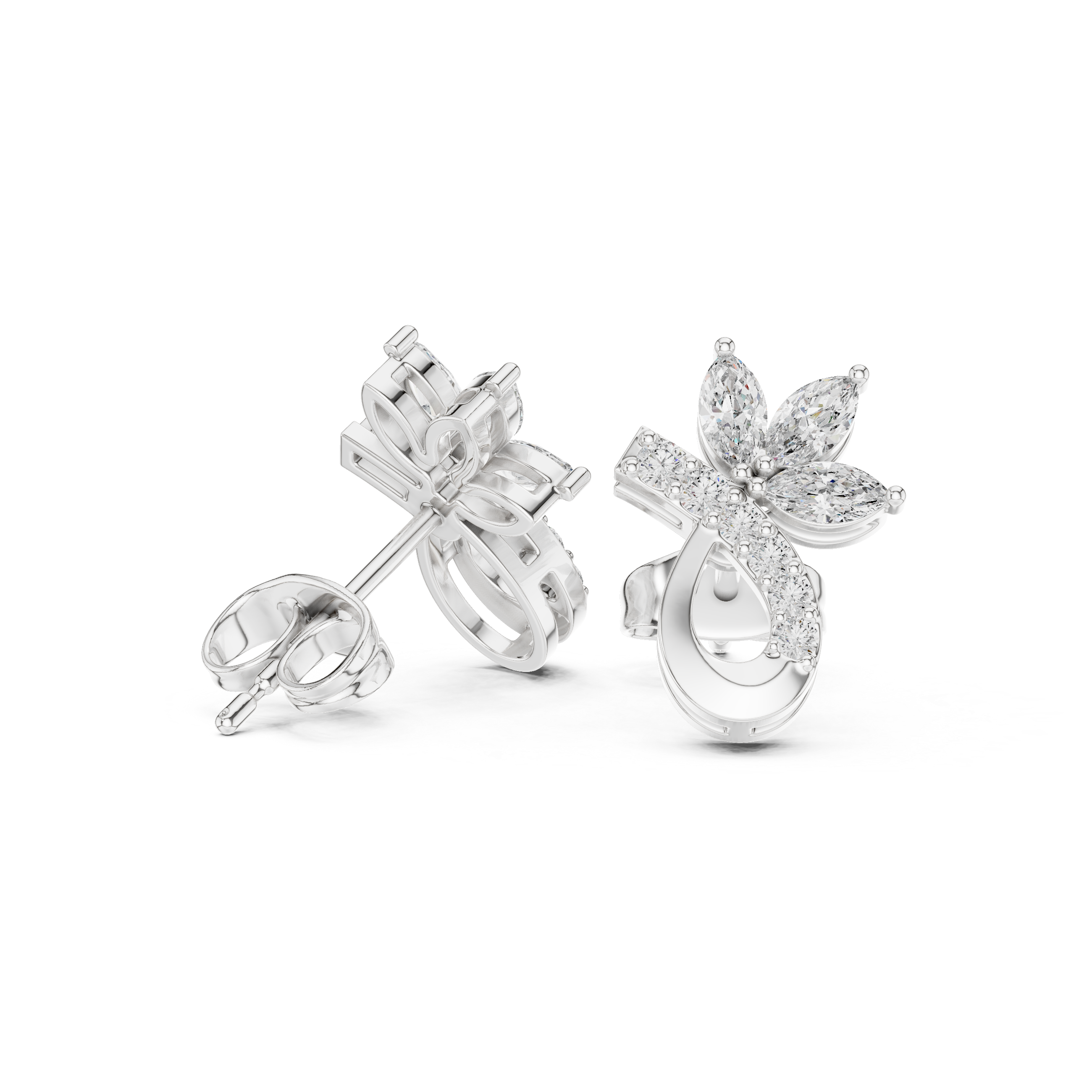 Marquise floral curl drop earrings with marquise and pear stone flower top and open pave teardrop curl drop