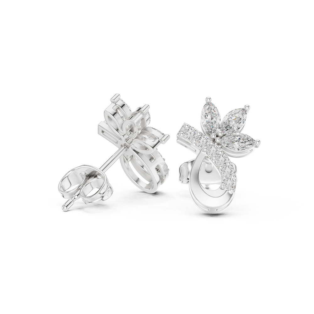 Marquise floral curl drop earrings with marquise and pear stone flower top and open pave teardrop curl drop