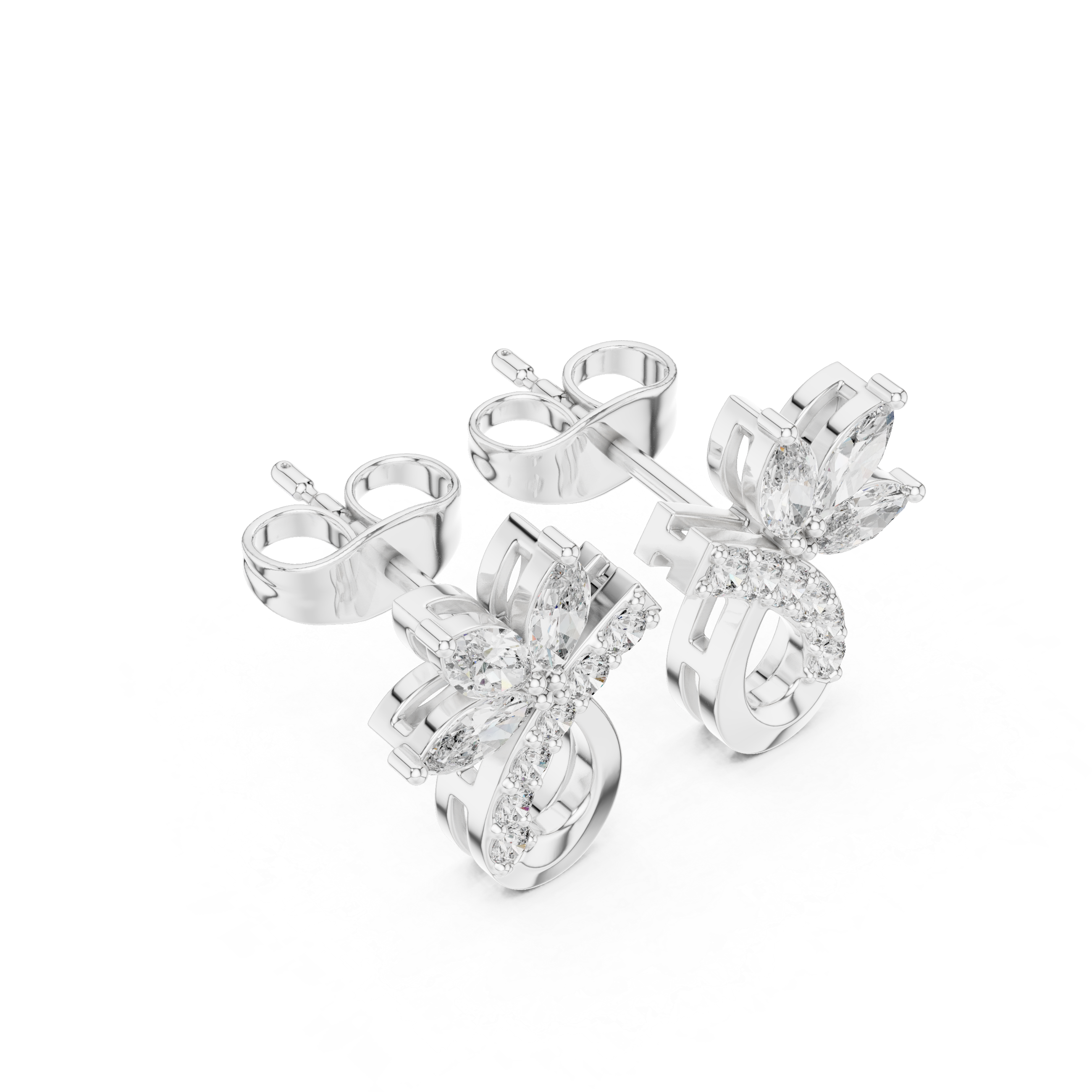 Marquise floral curl drop earrings with marquise and pear stone flower top and open pave teardrop curl drop