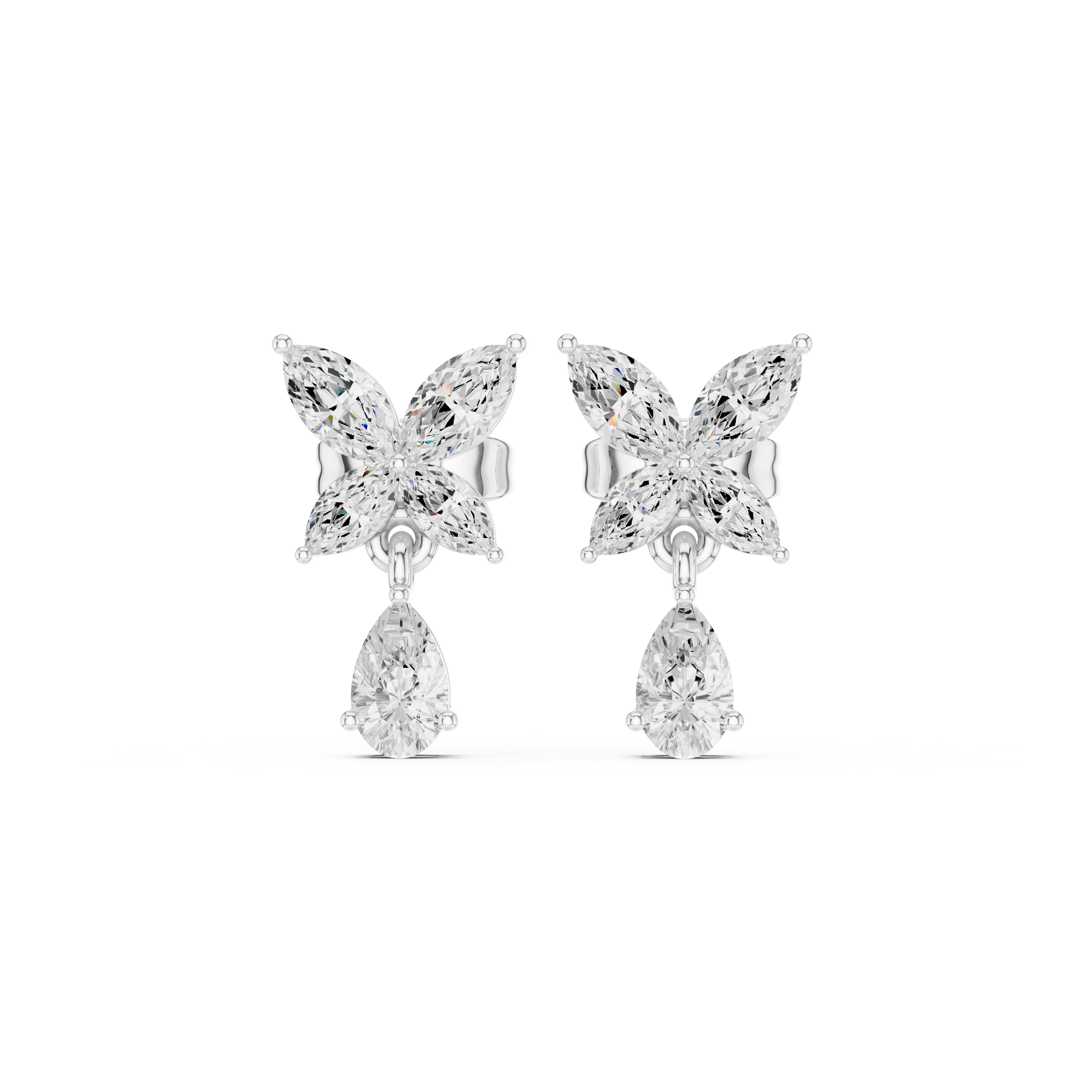 Four-marquise butterfly flower cluster top with a dangling pear solitaire drop below