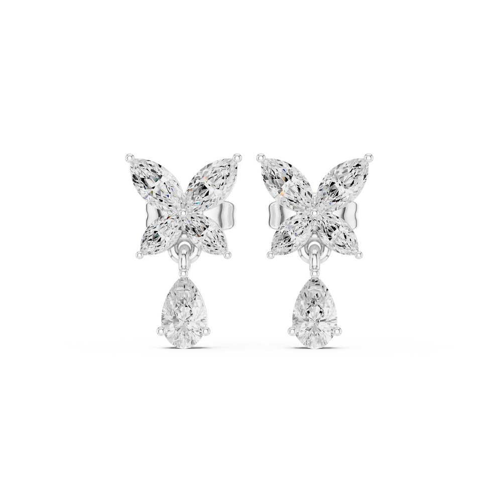 Four-marquise butterfly flower cluster top with a dangling pear solitaire drop below