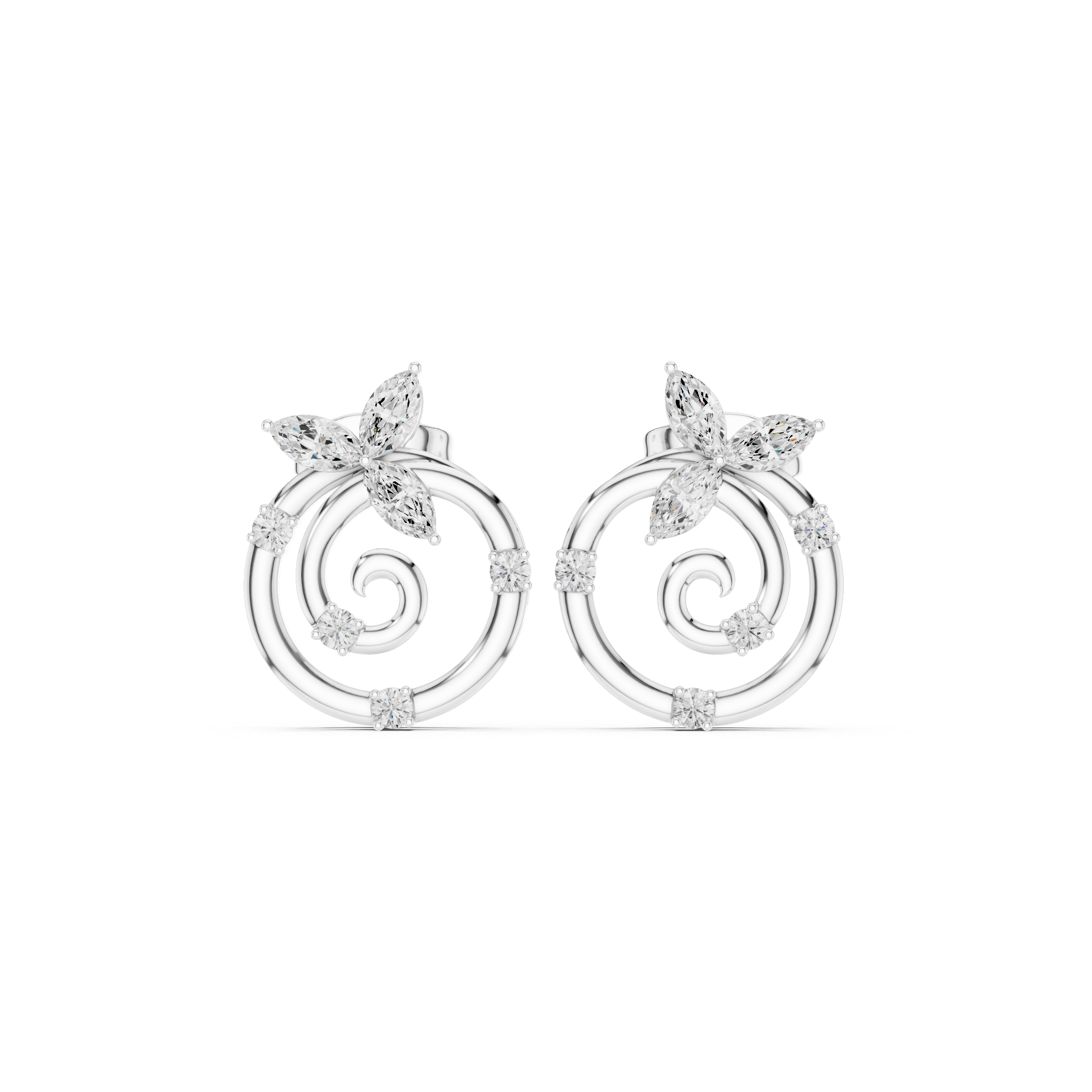 Marquise stone floral cluster top with a polished spiral circle and scattered round stone accents