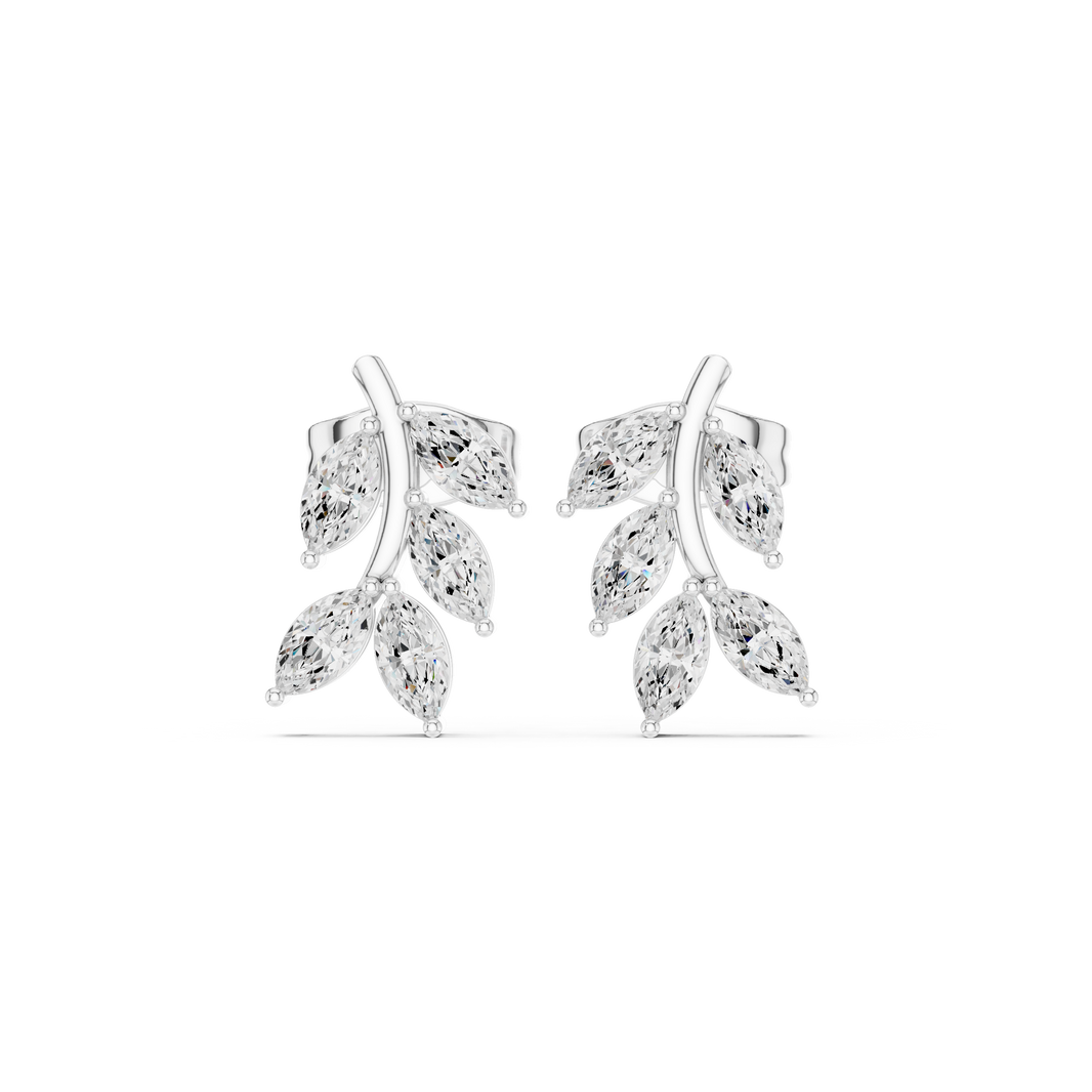Five marquise stone leaf stud earrings arranged along a polished curved branch stem