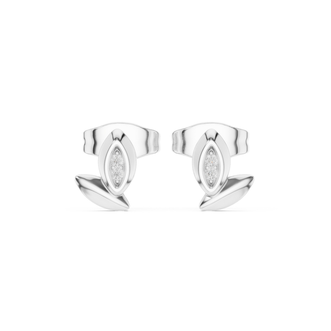 Marquise leaf pave diamond stud earrings with double petal design and push back setting