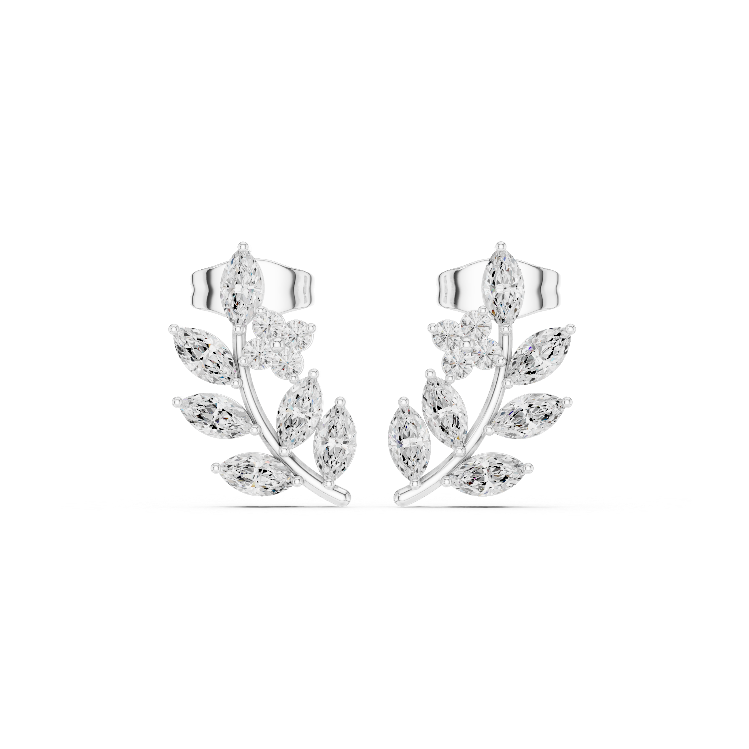 Cascading marquise stone leaf spray stud earrings along a curved double branch stem