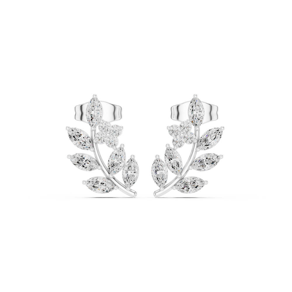 Cascading marquise stone leaf spray stud earrings along a curved double branch stem