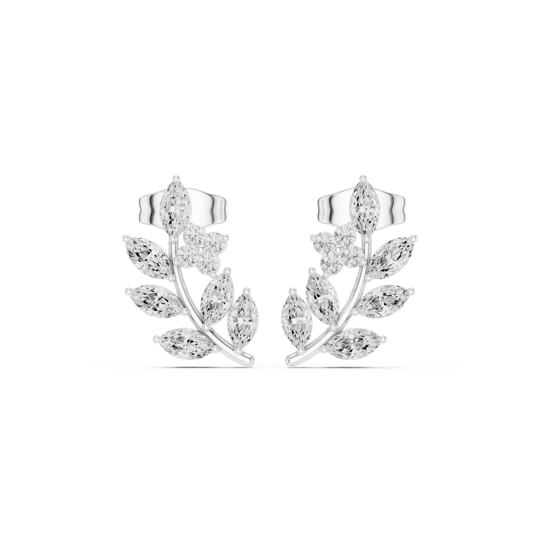 Cascading marquise stone leaf spray stud earrings along a curved double branch stem