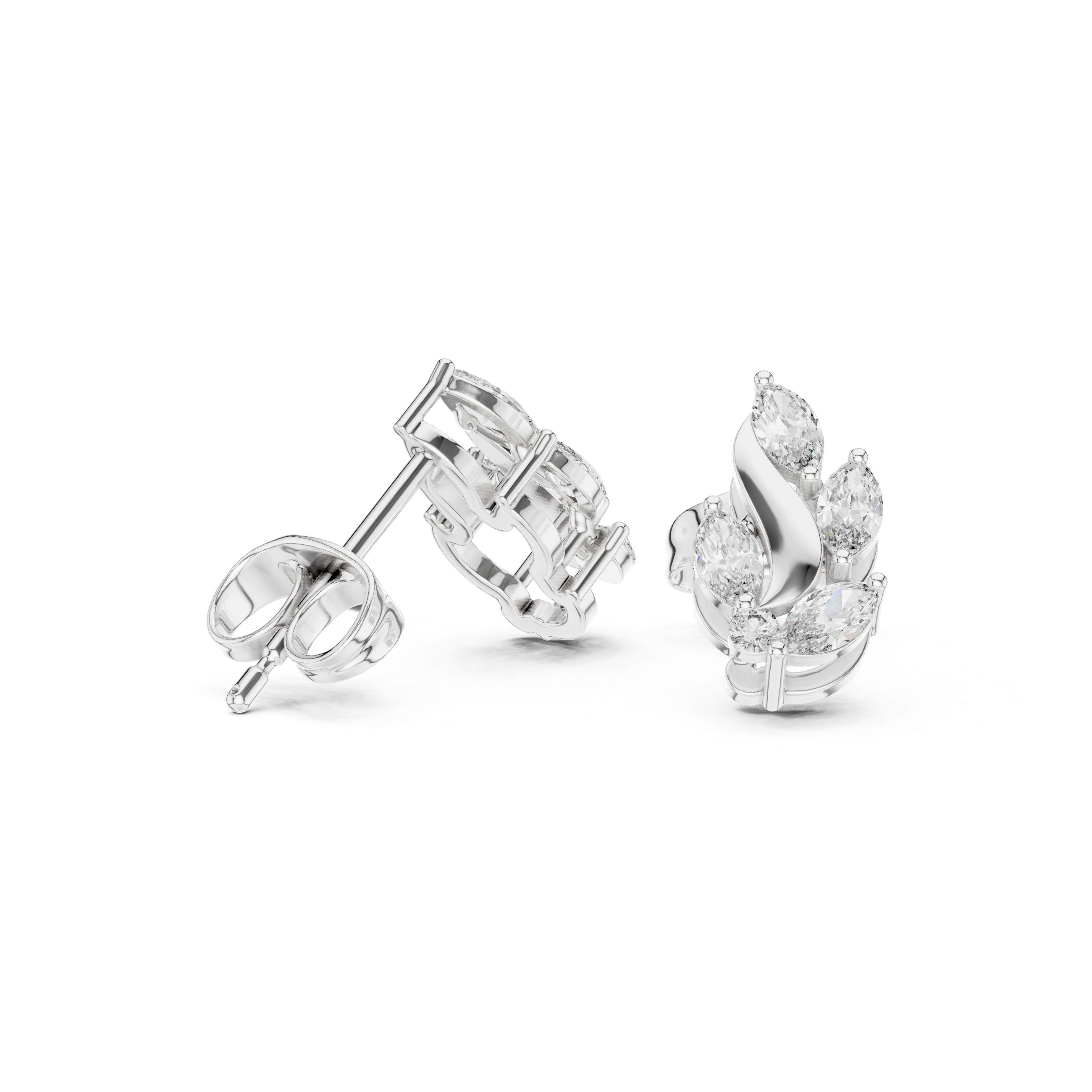 Marquise stone leaf stud earrings arranged along a polished curved swirl stem