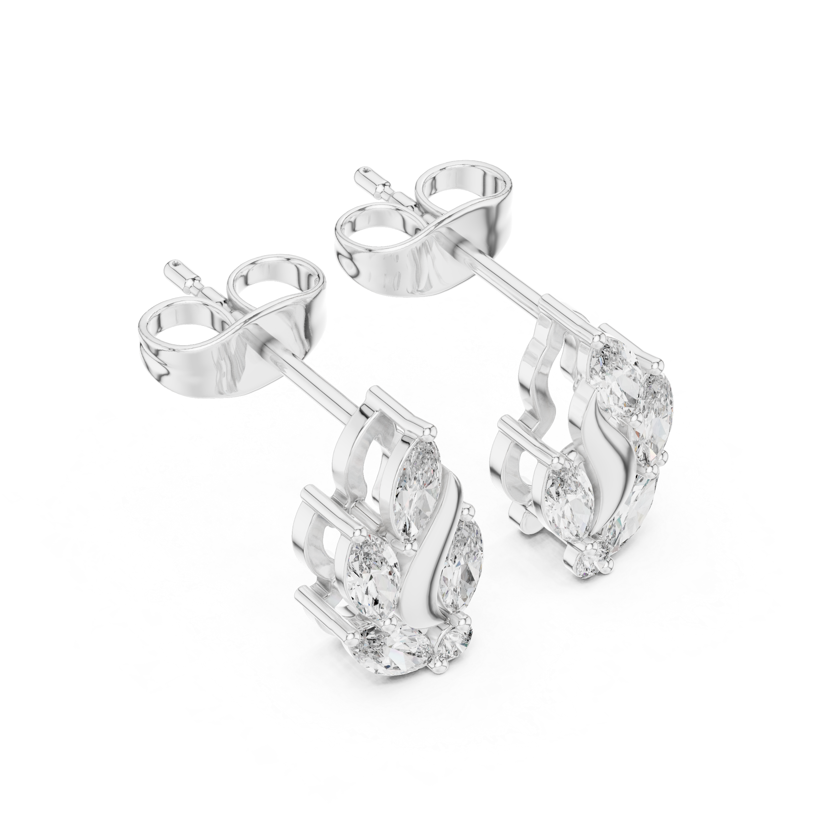 Marquise stone leaf stud earrings arranged along a polished curved swirl stem