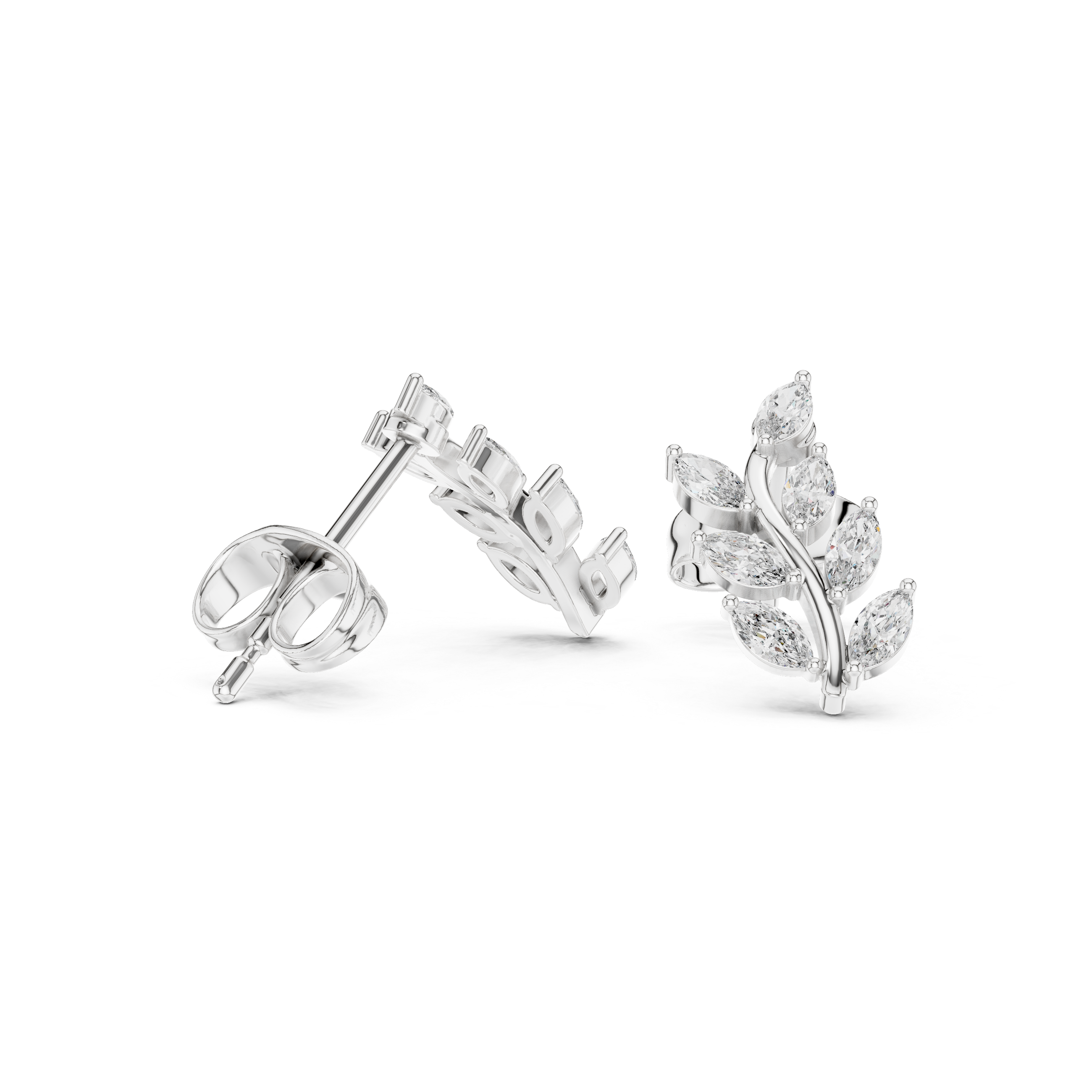 Marquise leaf vine stud earrings with cascading marquise stones arranged as leaves on a curved double branch vine