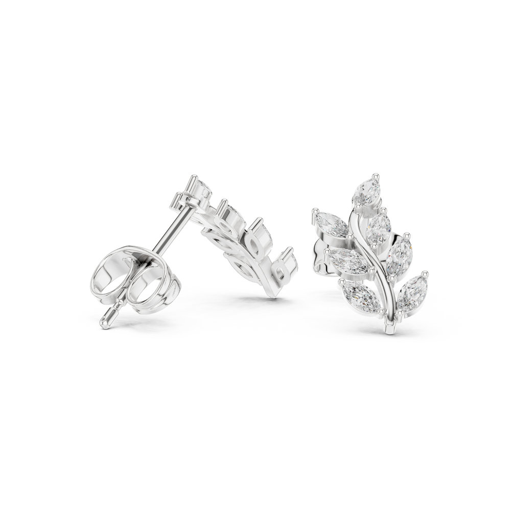 Marquise leaf vine stud earrings with cascading marquise stones arranged as leaves on a curved double branch vine