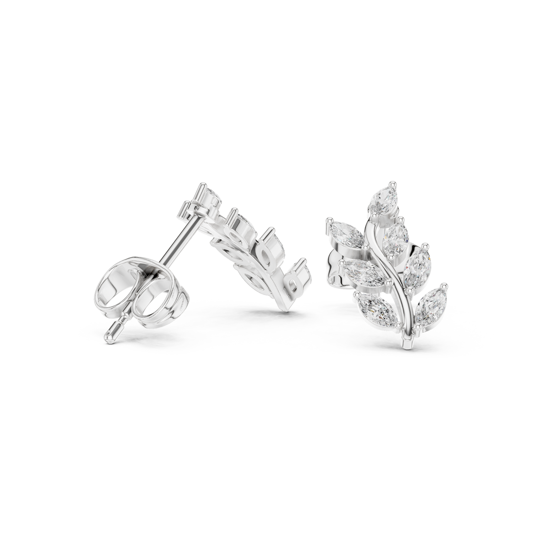 Marquise leaf vine stud earrings with cascading marquise stones arranged as leaves on a curved double branch vine