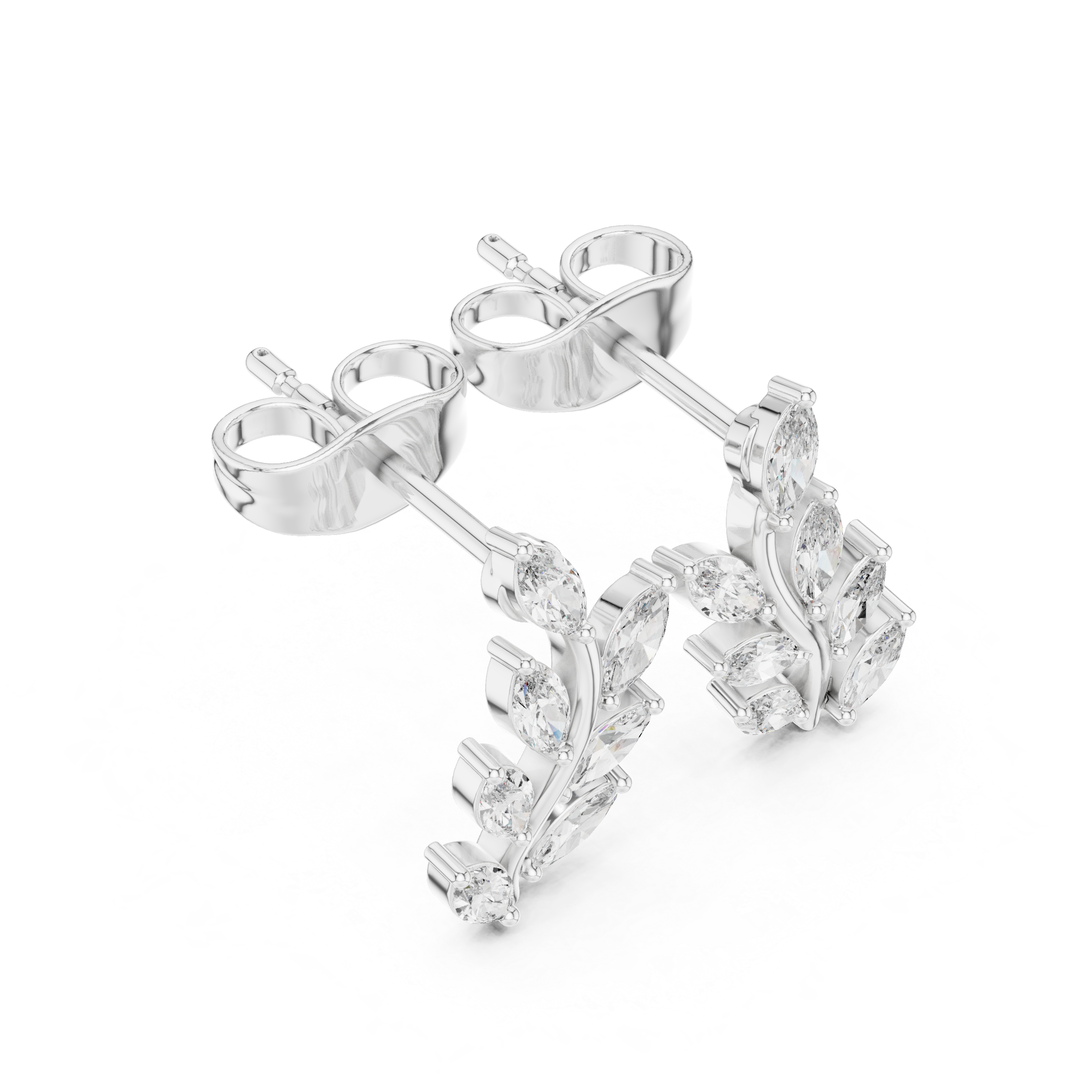 Marquise leaf vine stud earrings with cascading marquise stones arranged as leaves on a curved double branch vine
