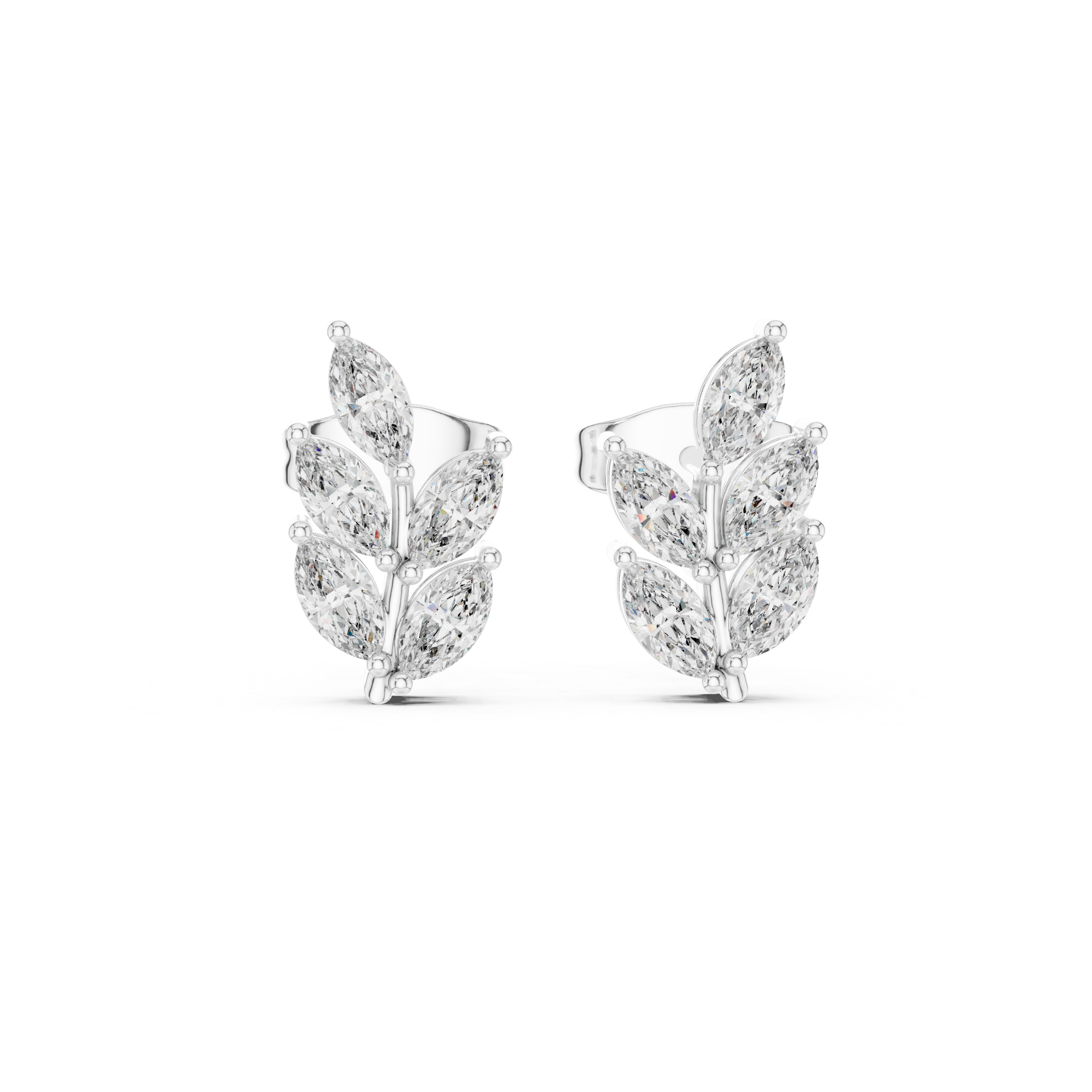 Seven marquise stones arranged as leaves on a polished wheat branch stud earring