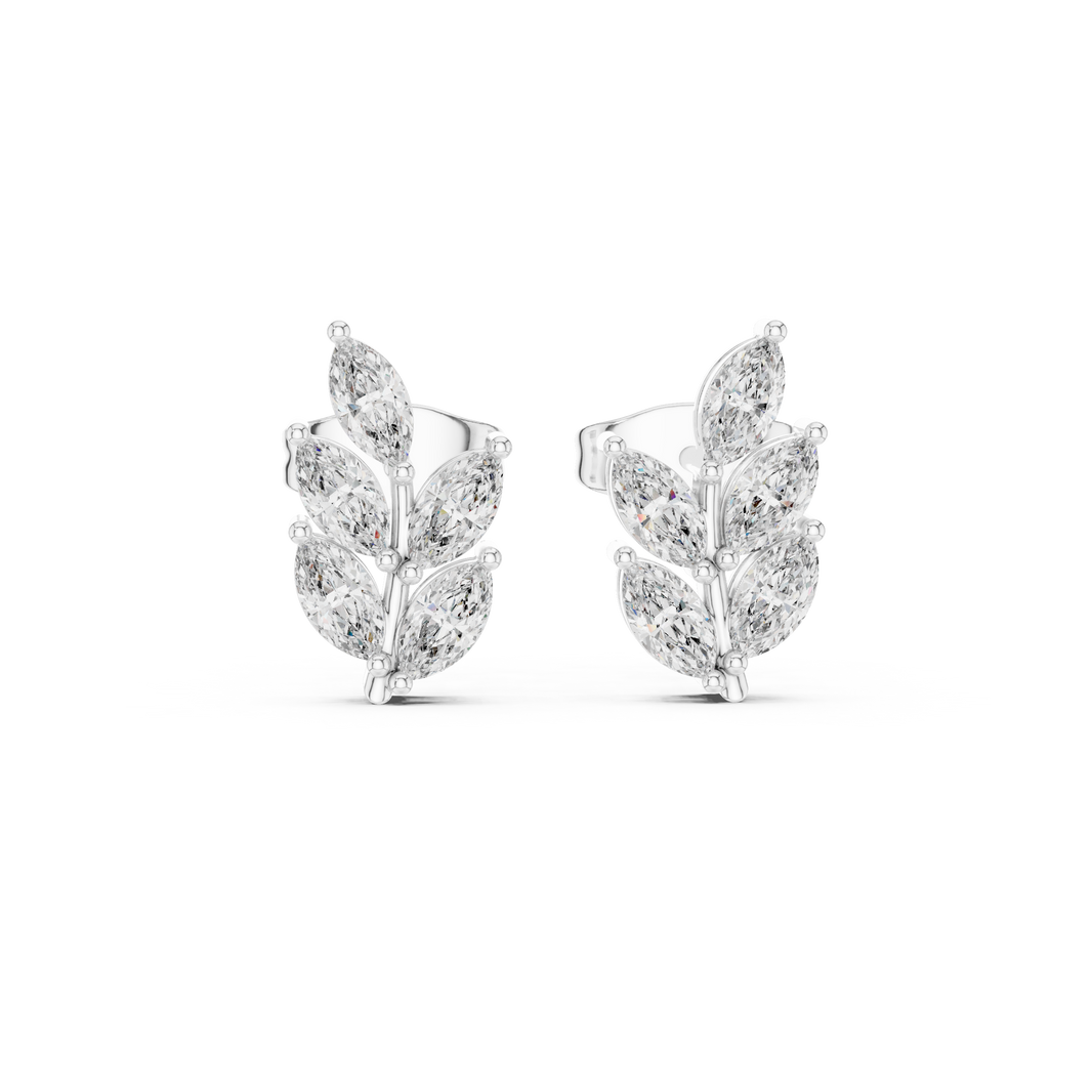Seven marquise stones arranged as leaves on a polished wheat branch stud earring