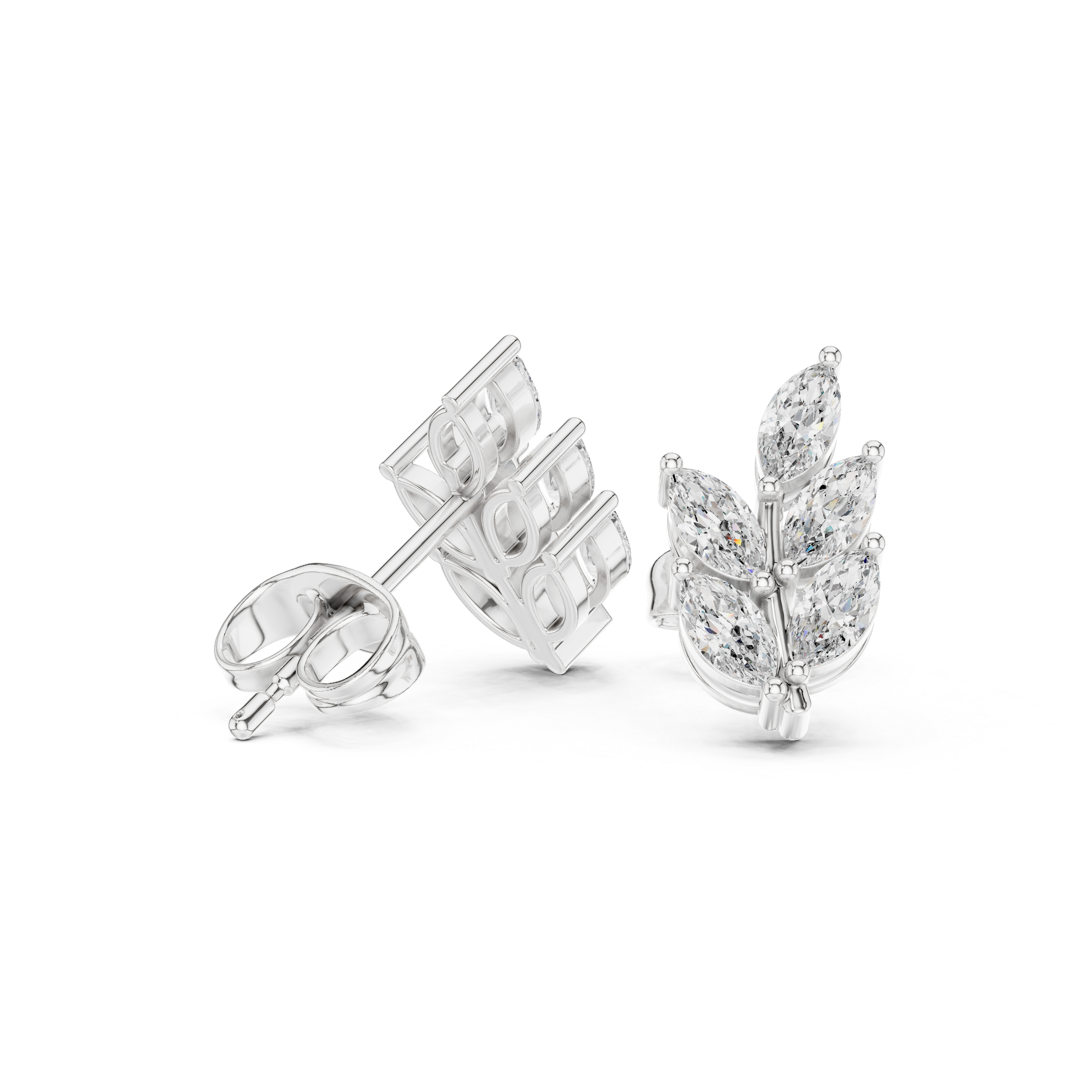 Seven marquise stones arranged as leaves on a polished wheat branch stud earring