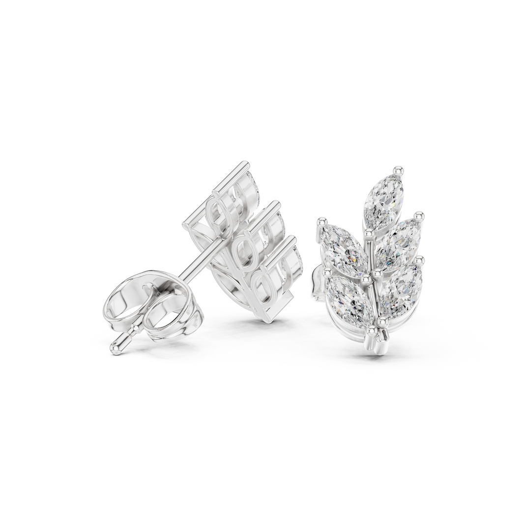 Seven marquise stones arranged as leaves on a polished wheat branch stud earring