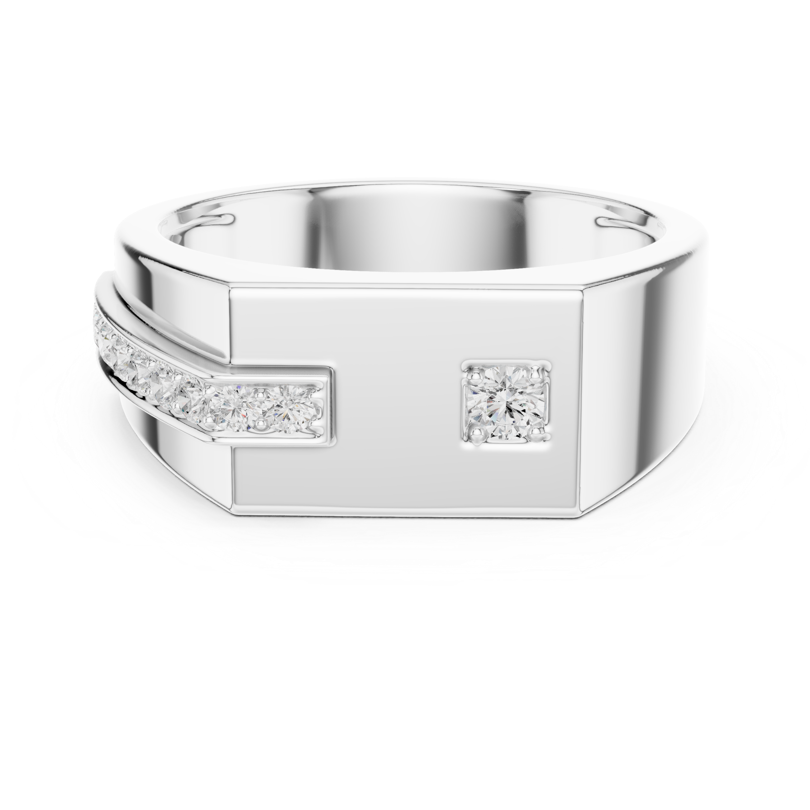 Men's silver octagonal signet ring with asymmetric diagonal diamond bar and solitaire accent detailing