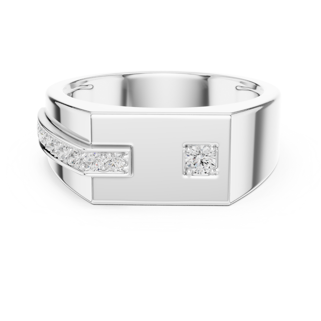 Men's silver octagonal signet ring with asymmetric diagonal diamond bar and solitaire accent detailing