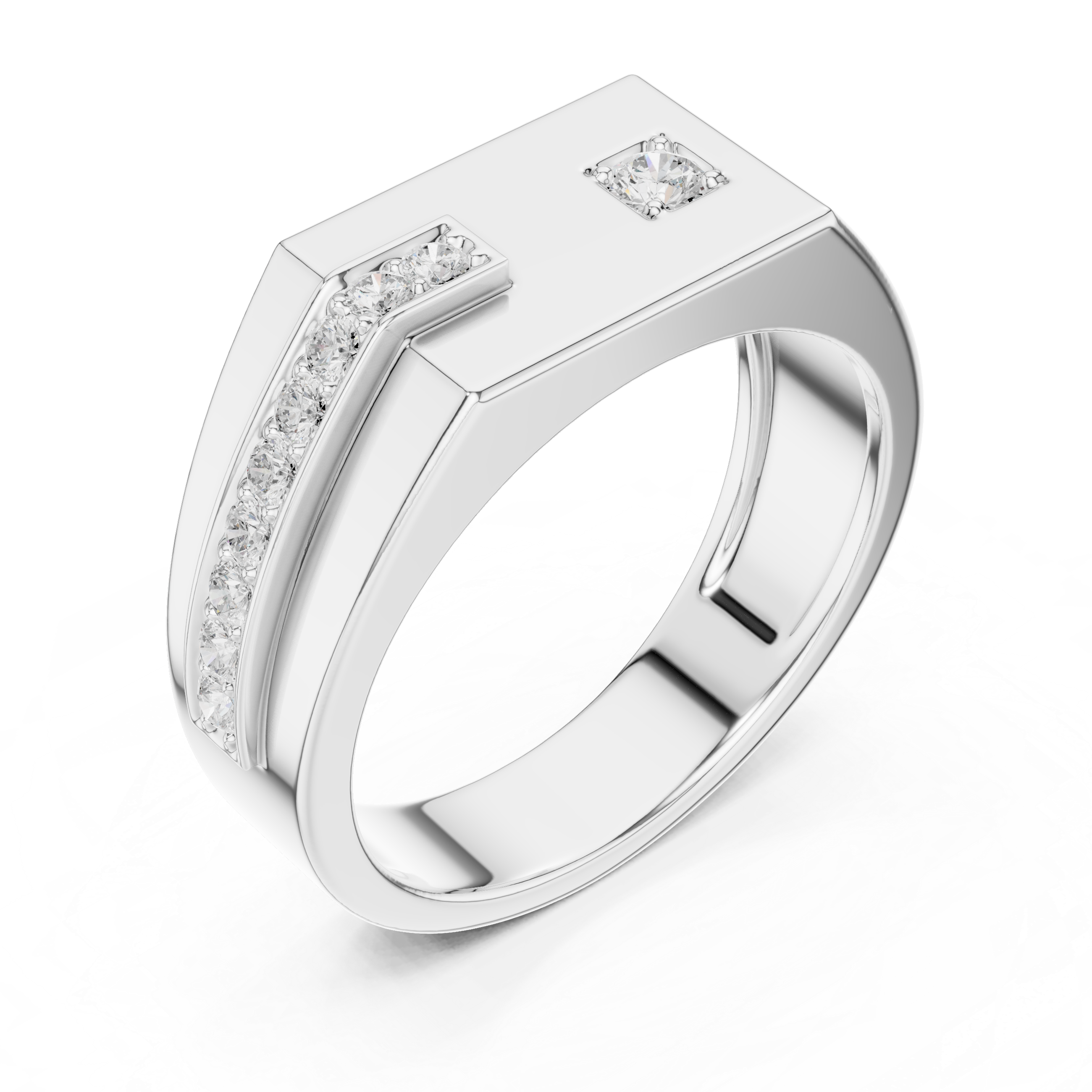 Men's silver octagonal signet ring with asymmetric diagonal diamond bar and solitaire accent detailing