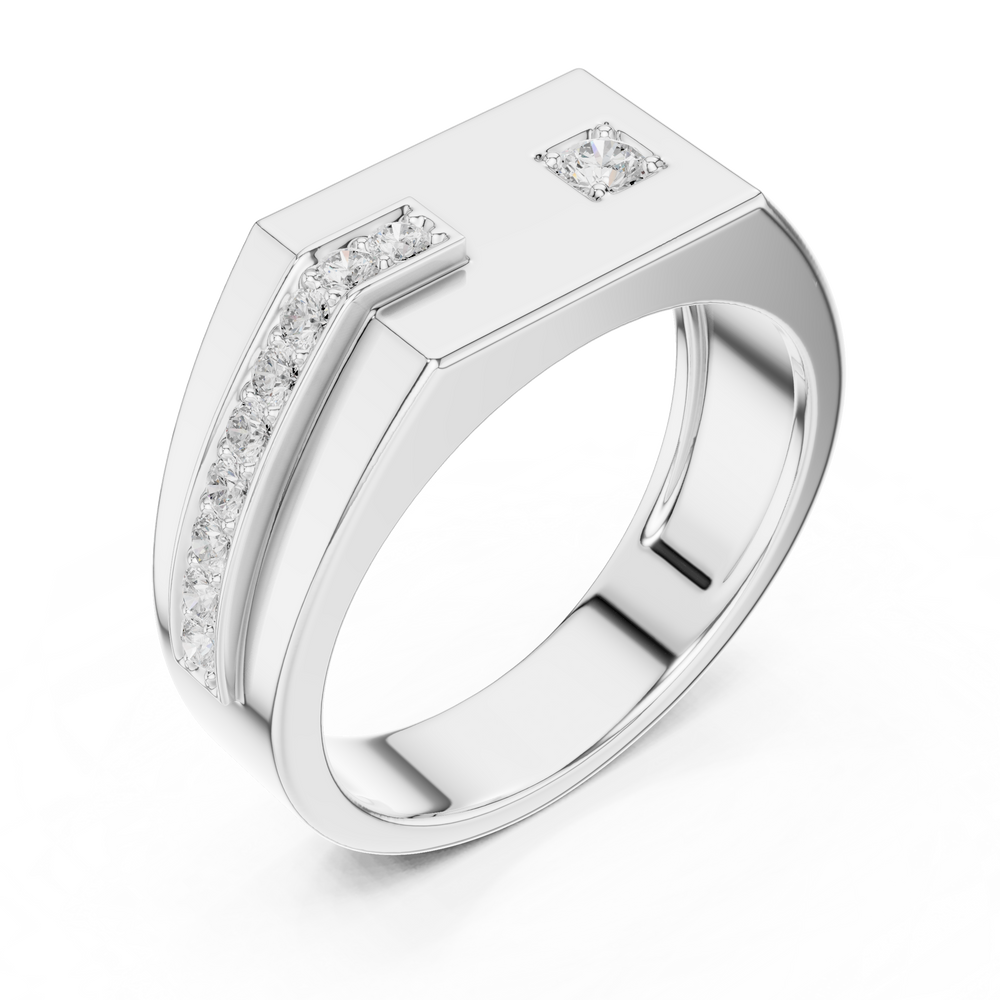 Men's silver octagonal signet ring with asymmetric diagonal diamond bar and solitaire accent detailing