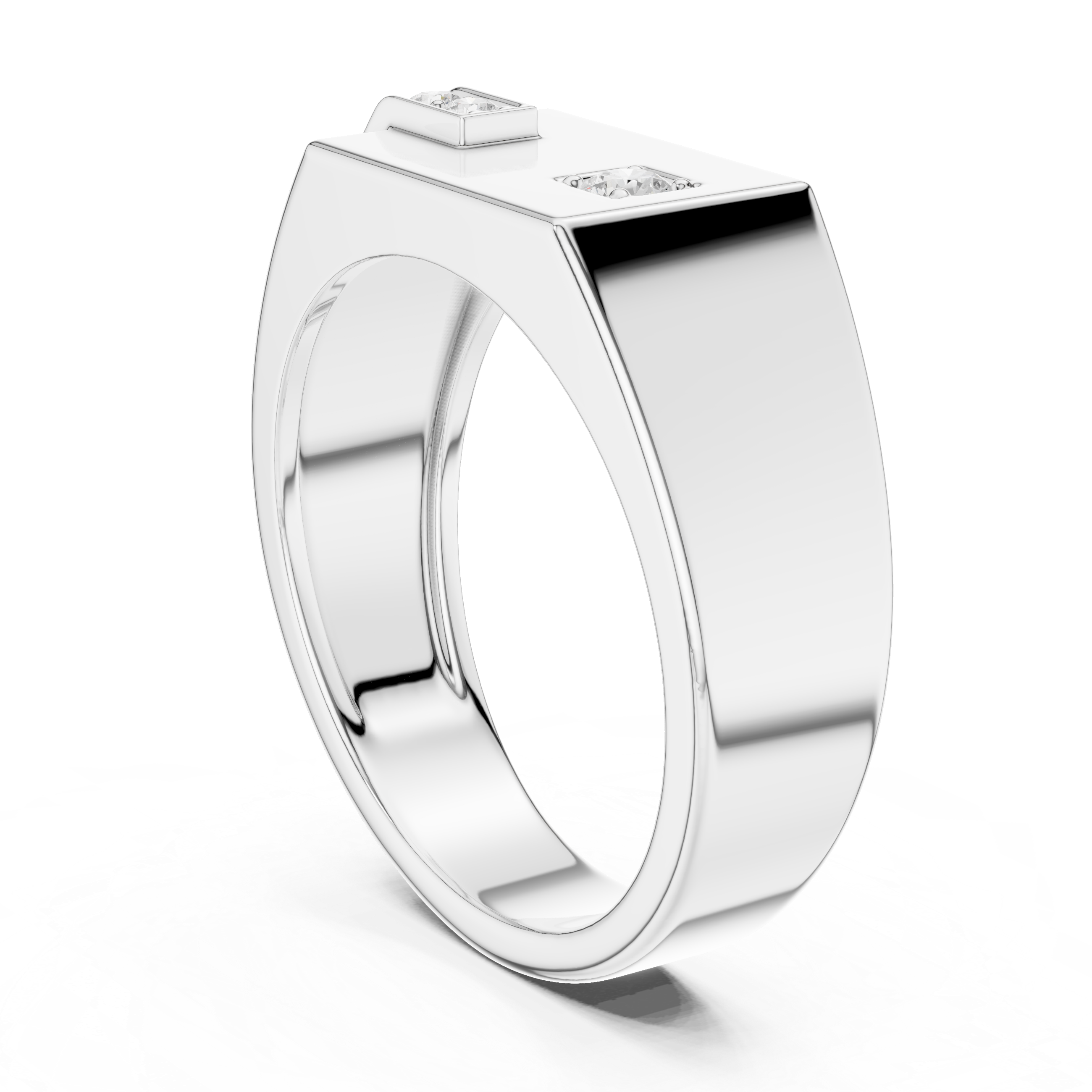 Men's silver octagonal signet ring with asymmetric diagonal diamond bar and solitaire accent detailing