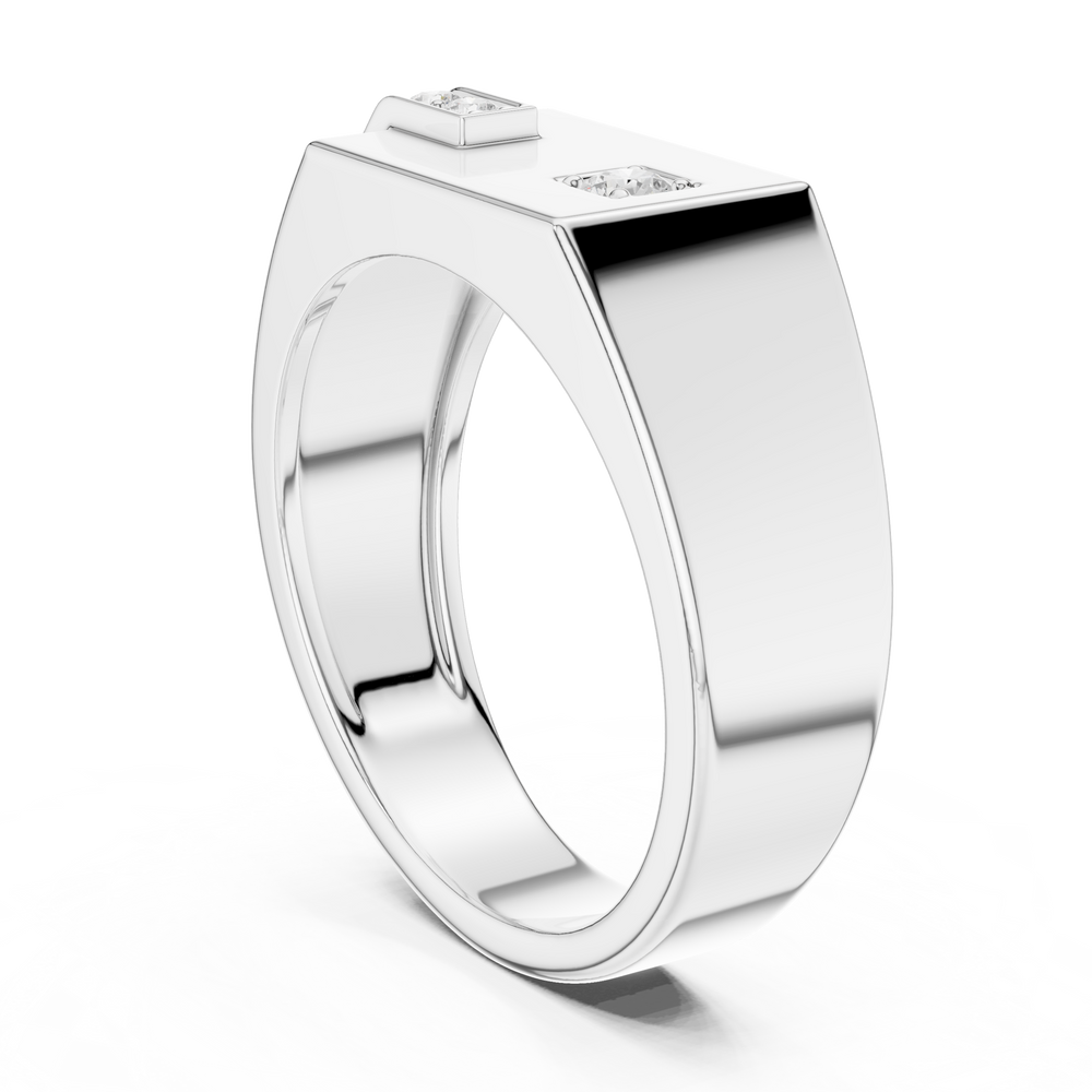 Men's silver octagonal signet ring with asymmetric diagonal diamond bar and solitaire accent detailing