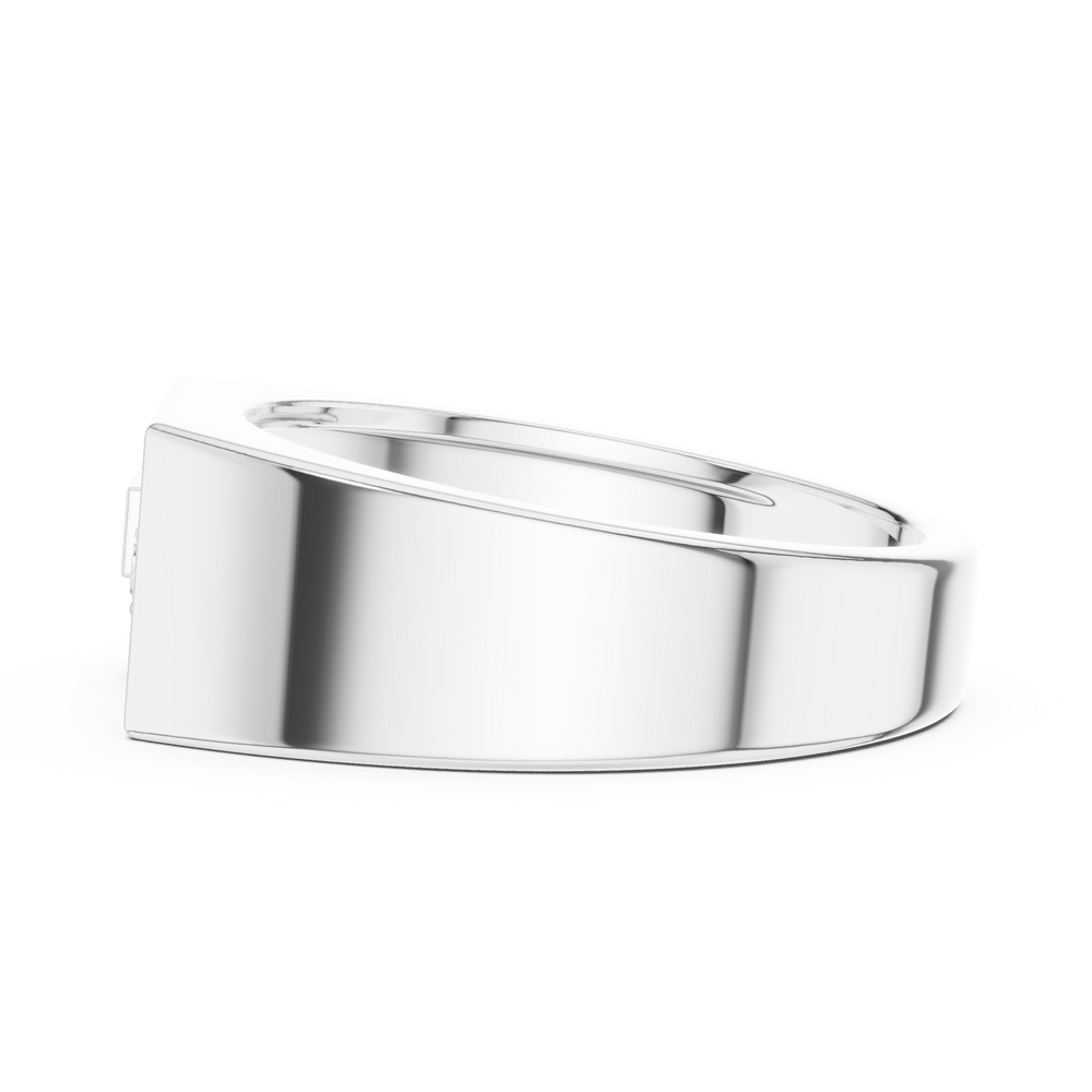 Men's silver octagonal signet ring with asymmetric diagonal diamond bar and solitaire accent detailing